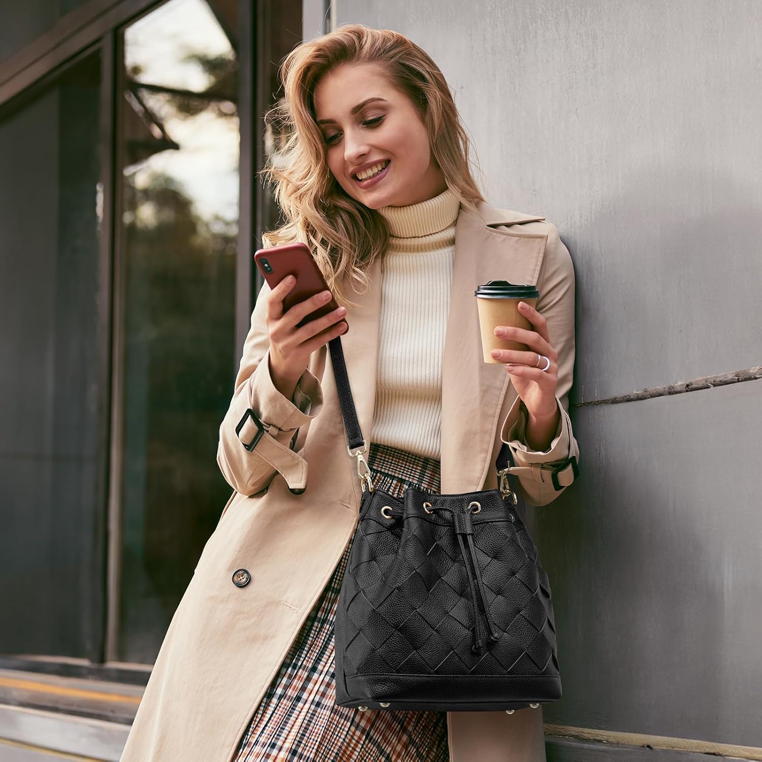 Kattee Woven Leather Bucket Bags for Women, Drawstring Crossbody Hobo Purses and Shoulder Handbags with 2 Straps - Image 2