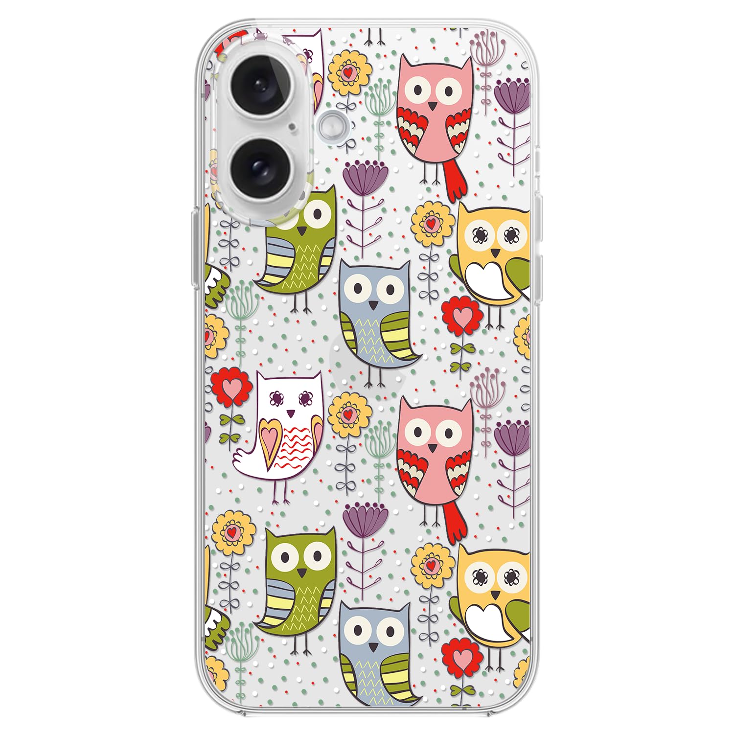 for iPhone 16 Case, Cute Floral Owl Pattern Fun Bird Style Cartoon Animal Design Transparent Soft TPU Protective Clear Case (6.1 inch) (Colorful Owls)