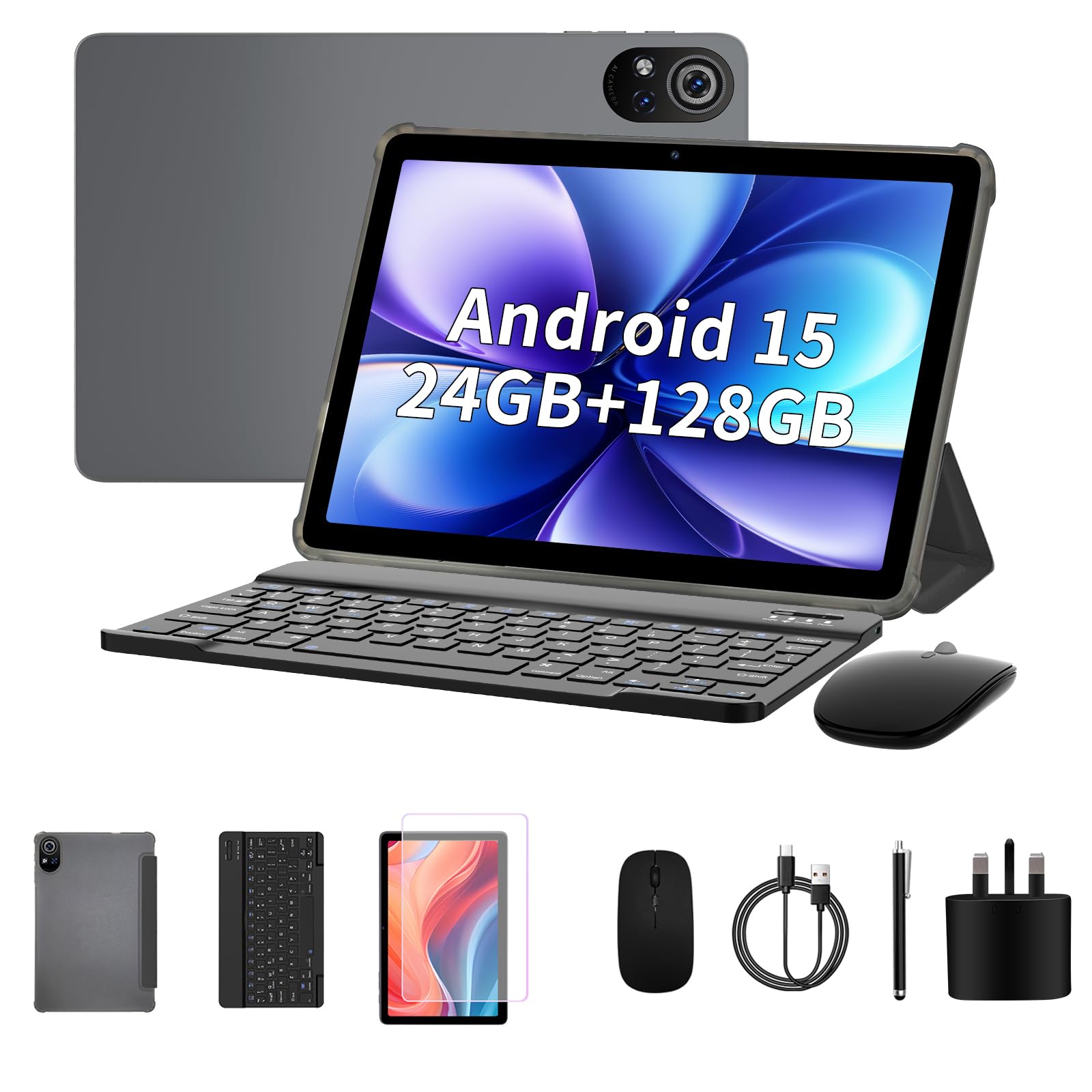 PRITOM Tablet de 10 pulgadas, 4 en 1, 24 GB, 128 GB ROM, Android 15, 1024 GB Expand, Qcta Core, WiFi 6, 8000 Mah, Tablet con teclado, ratón, lápiz capacitivo y funda protectora, gris