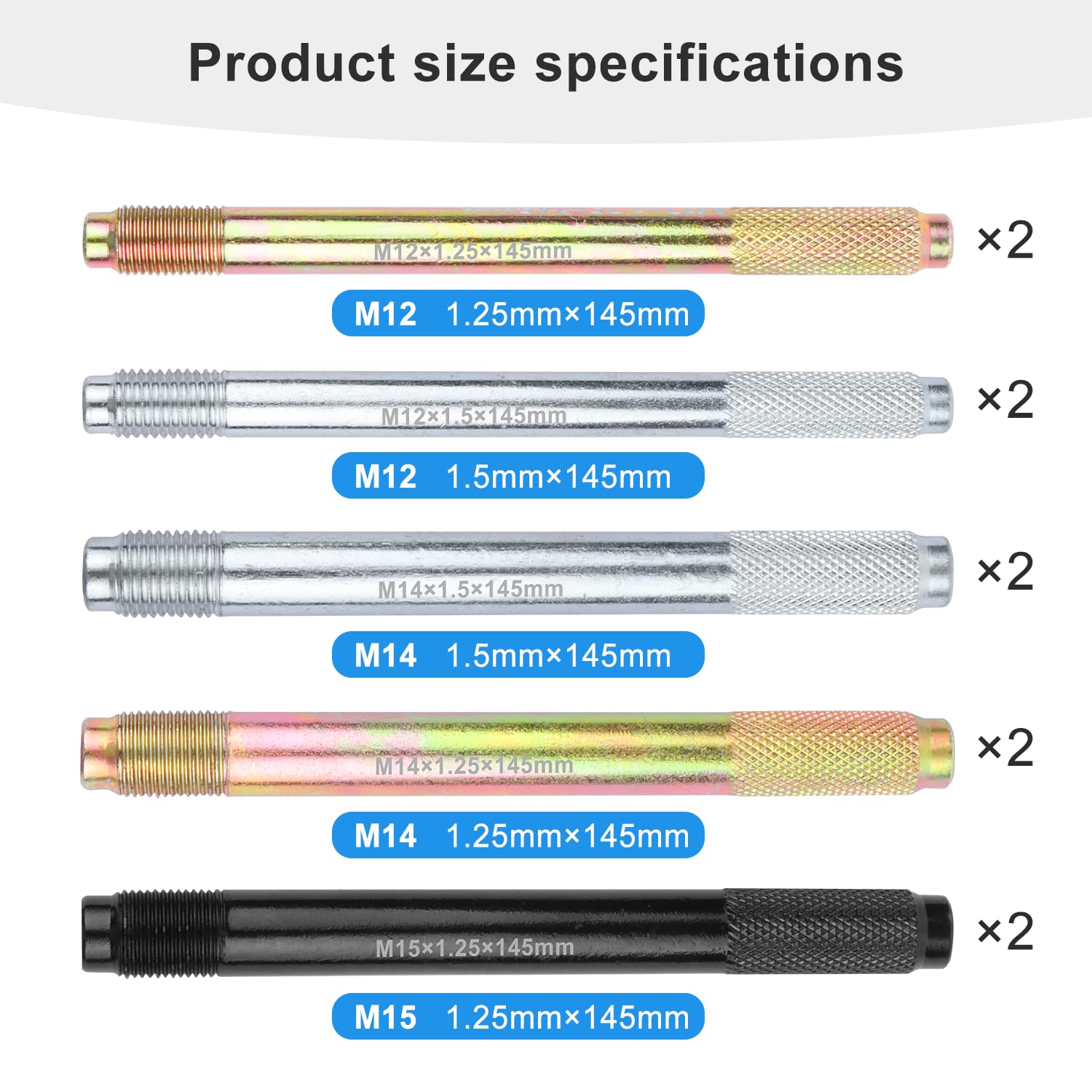 Perno Guida Ruota 10PCS M12X1.5 M12X1.25 M14 X1.5 M14X1.25 M15X1.25 Perno di Allineamento Ruote Lunghezza 145MM Compatibile con i Veicoli Europei (10)