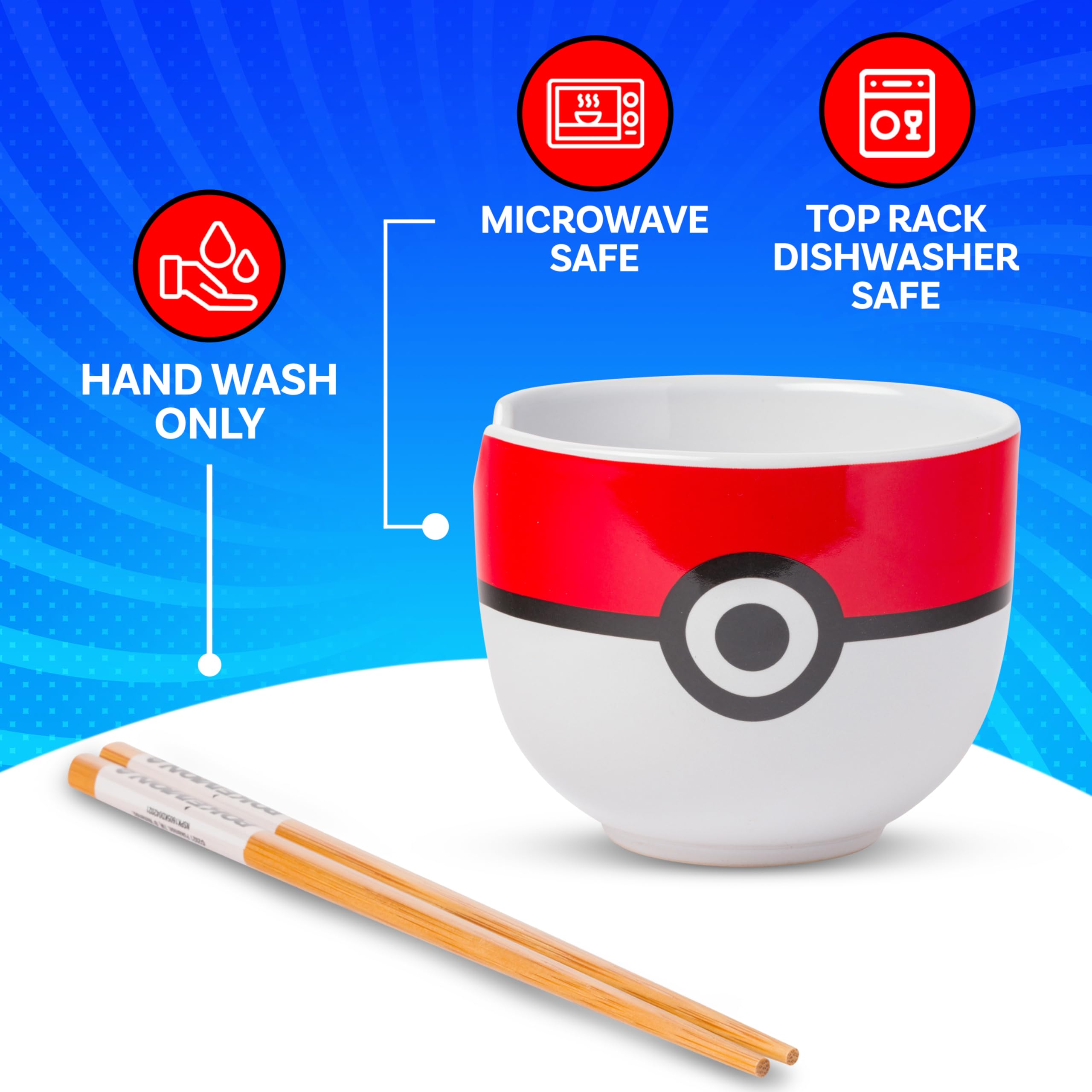 Silver Buffalo Pokemon Pokeball Ramen-Nudelschale aus Keramik mit Essstäbchen, mikrowellengeeignet, 590 ml