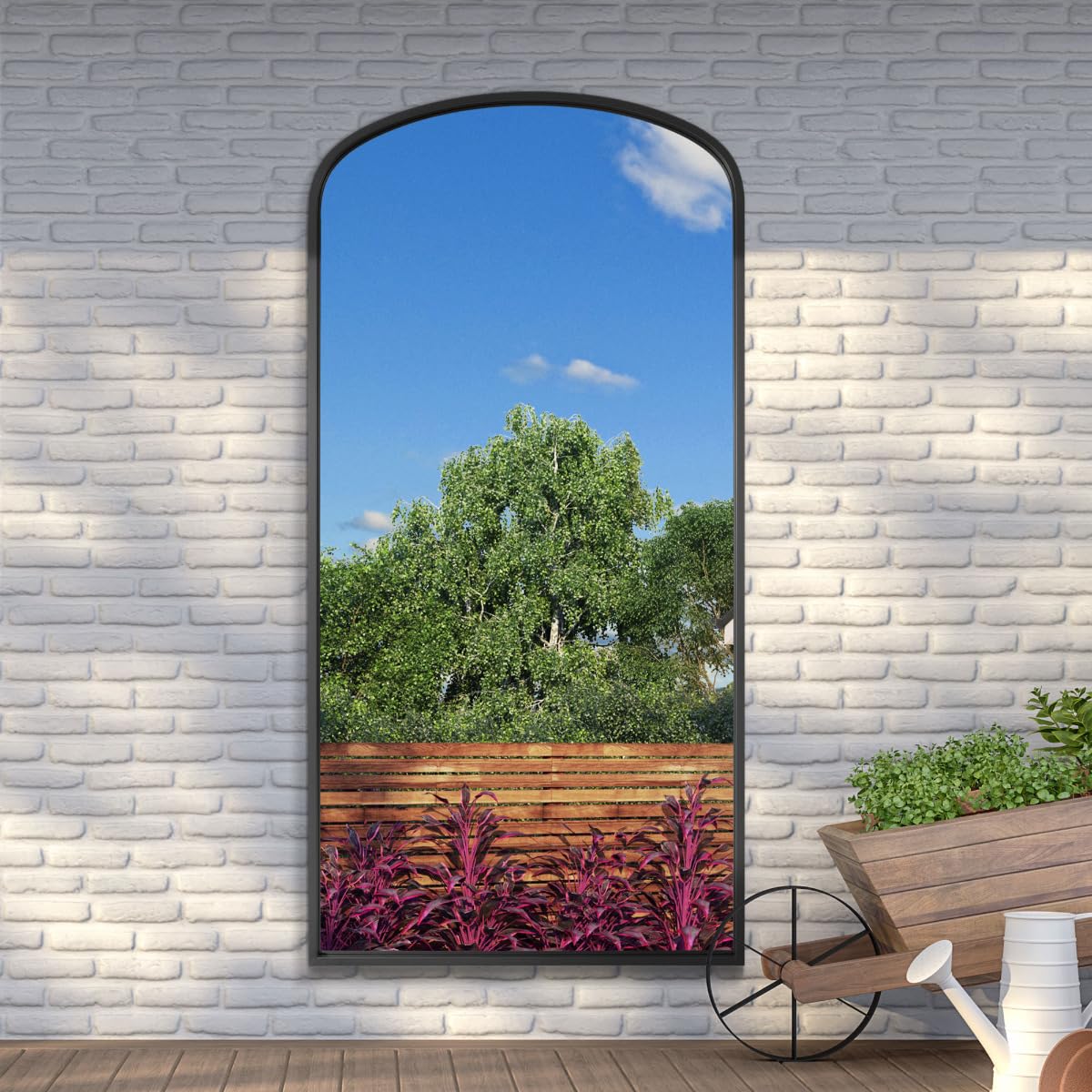 Mirroroutlet Black The Angustus - Metal Framed Modern Shallow Arched Garden Wall And Leaner Mirror 79" X 39" (200Cm X 100Cm) 2Cm Wide Frame And 3Cm Deep.…