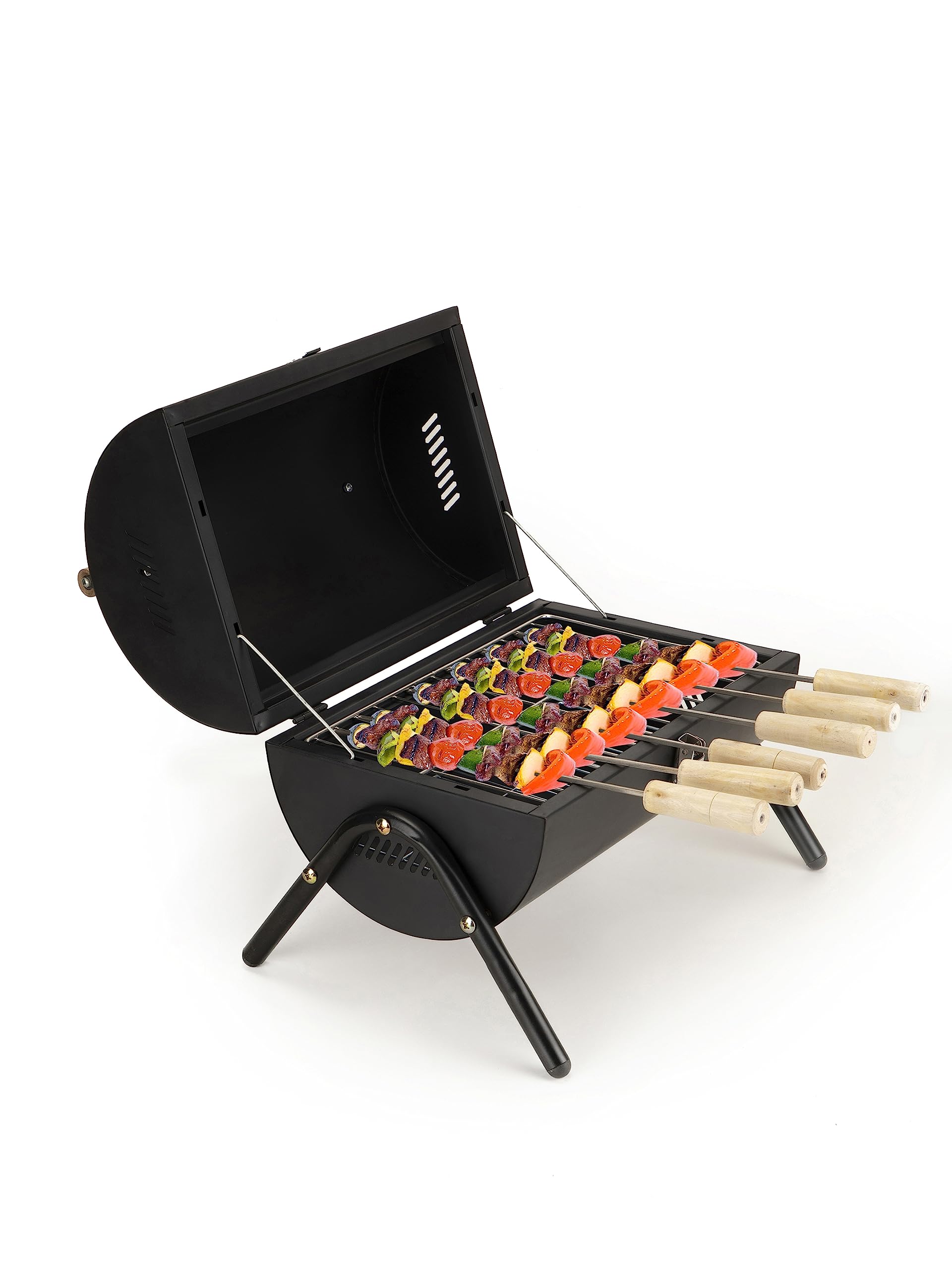 Wellberg Luxury Drum Charcoal Barbeque Grill | With Food grade 6 Skewers,1 Grill Mesh | 2 Years Warranty Of Powder Coating Heat Proof | Peel Proof Barbecue grill set | Black
