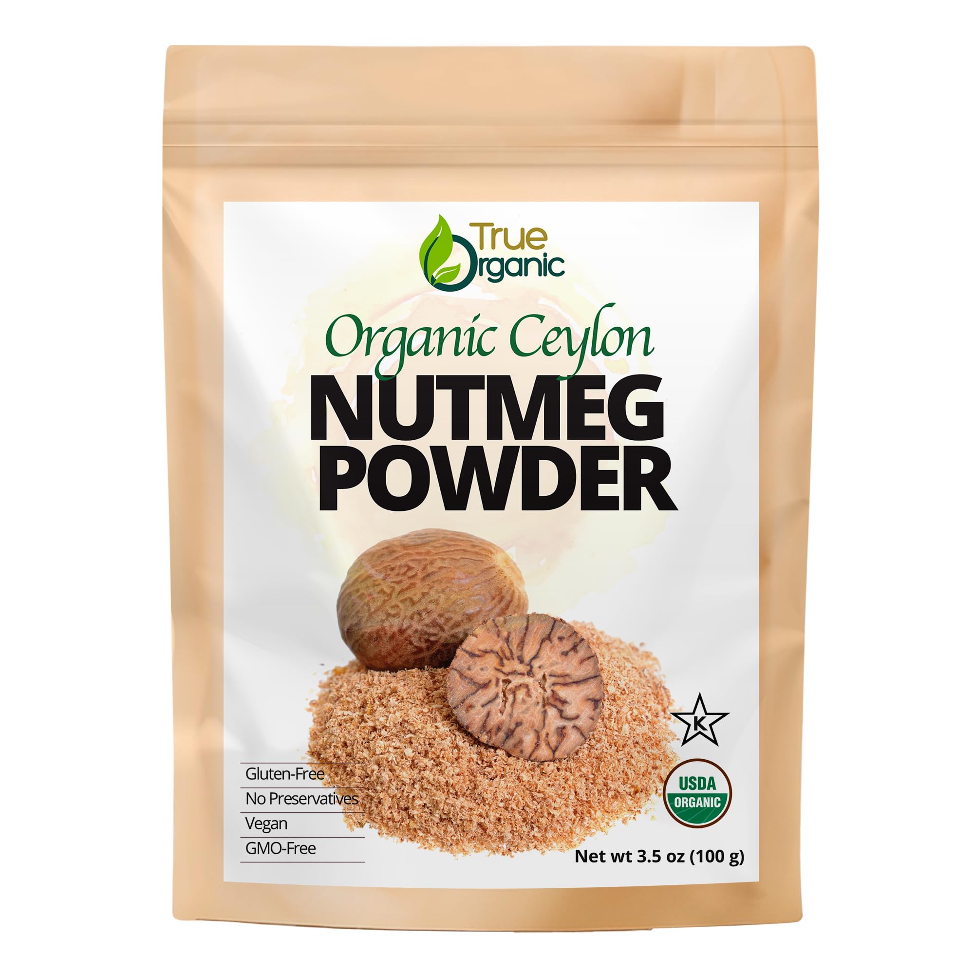 True Organic Ceylon Nutmeg Powder, Premium Grade, USDA & Kosher Certified, Gluten Free, Pure Ceylon Premium Quality, Ground 3.5 Oz