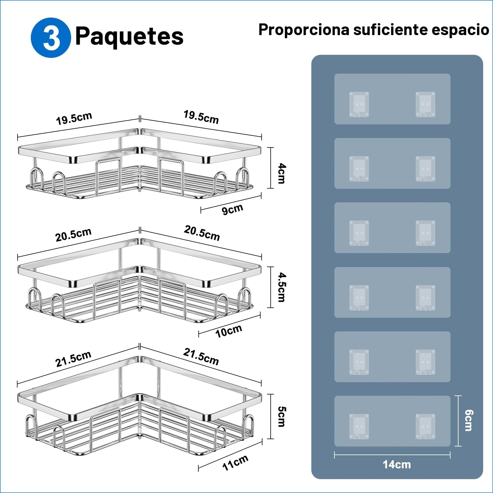 Estanteria Baño de Acero Inoxidable SUS304, Rinconera Ducha Sin Taladro, Bathroom Organizer, Estante Ducha para Almacenamiento Champú Gel, Plata (3 Piezas)