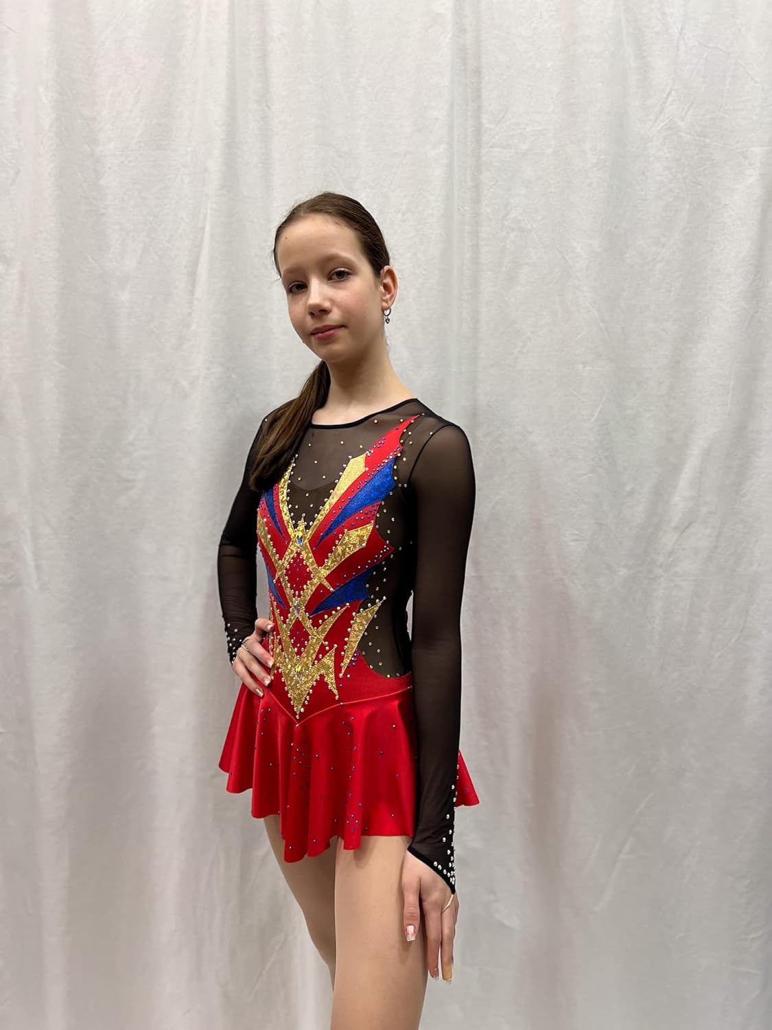 Figure Skating Dress/Bundle with Skate Guards/Italian Fabric, Made in Europe Style: A26 / Red/Blue/Size: Large