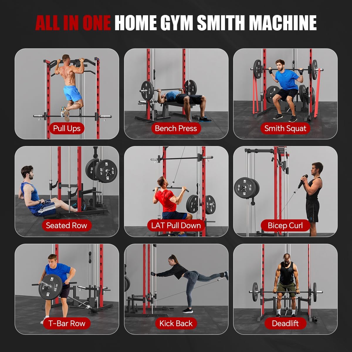 FAGUS Smith Machine Power Rack with LAT-Pull Down System, Landmine, Smith Bar, T-Bar Row Handle, Tricep Rope, Ankle Strap, Plate Storage, Band Pegs and More Training Attachment for Home Gym, Red