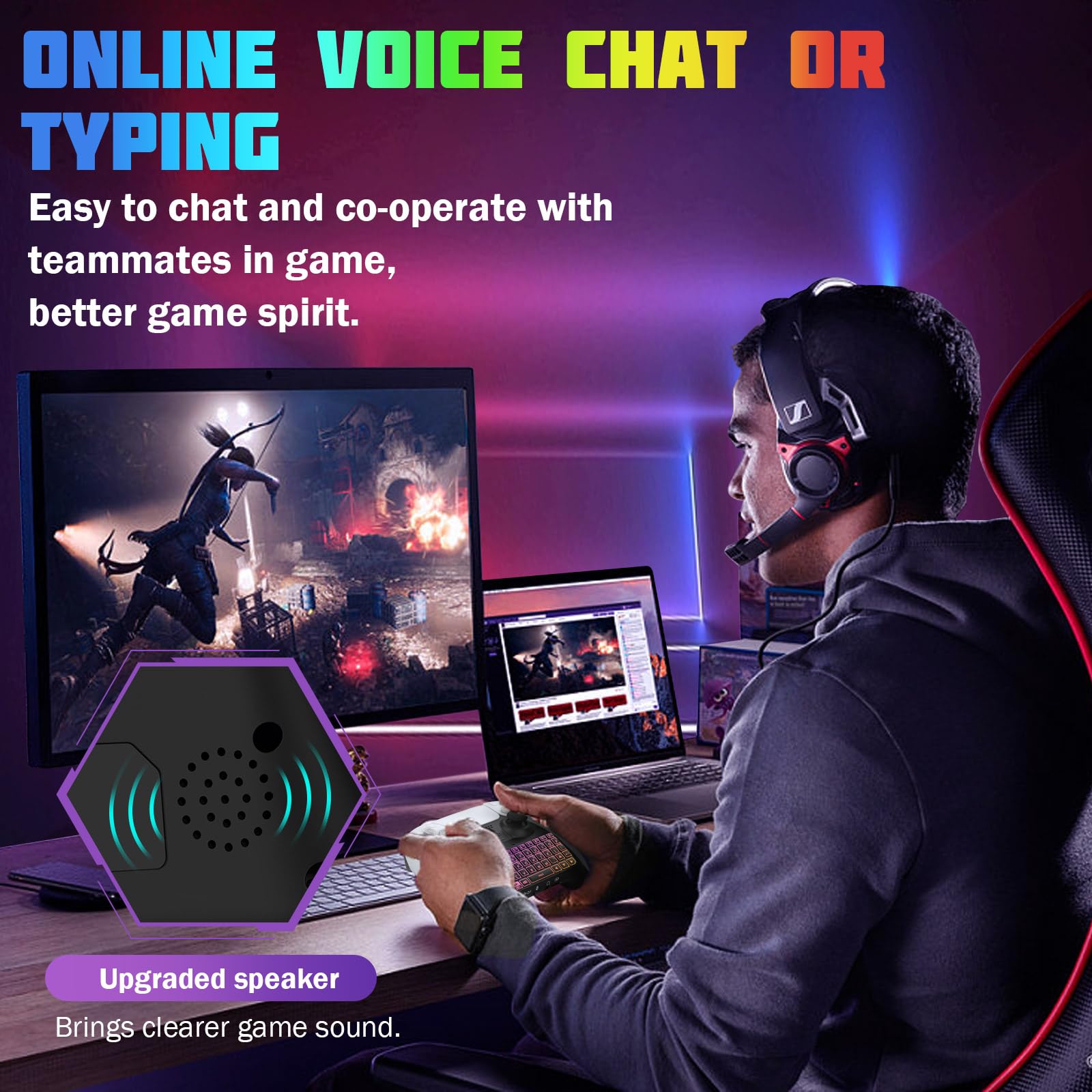 TiMOVO Tastiera retroilluminata RGB multicolore per PS5, tastiera wireless Bluetooth mini PS5 Game Keyboard con altoparlante jack audio, nero
