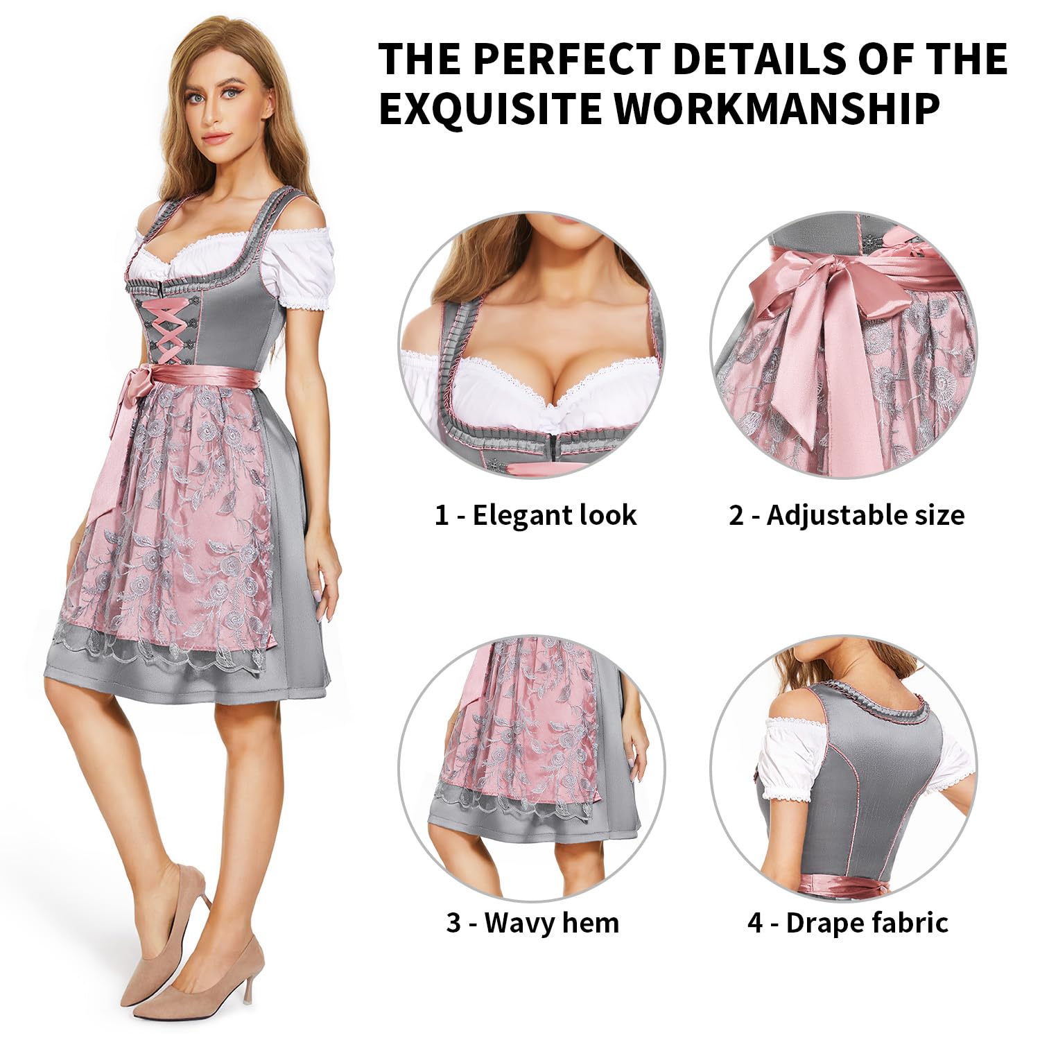 AMZHOTER Dirndl Damen midi Trachtenkleid Trachtenmode Trachtenrock Kleid inkl. Dirndlbluse Dirndlschürze 3 teilig für Oktoberfest Besondere Anlässe Grau