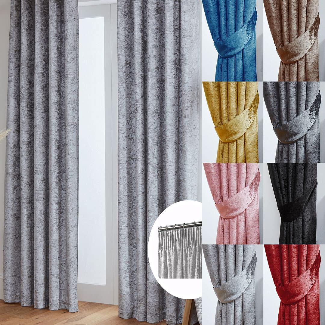 John Aird Silver Crushed Velvet Fully Lined Pencil Pleat Curtains (, 90" Wide X 108" Drop)