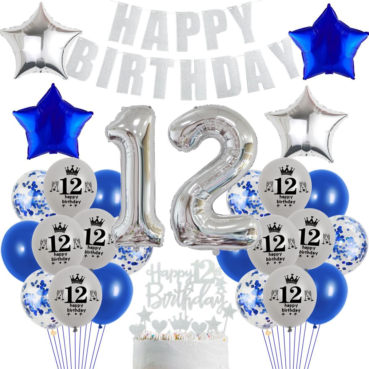 Decorazioni per 12° compleanno, Topper per torta di compleanno per ragazzo di 12 anni blu, Decorazioni per feste blu, Topper per torta di 12 anni per ragazza ragazzo, 12° compleanno per ragazza