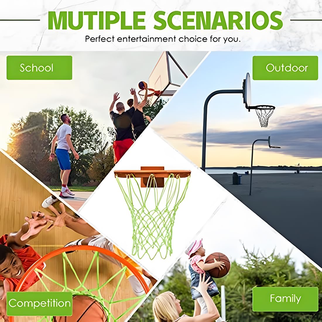 Rete da Basket per esterni, 2 pezzi, rete da Basket in nylon, verde fluorescente, per sport indoor e outdoor, attività notturne