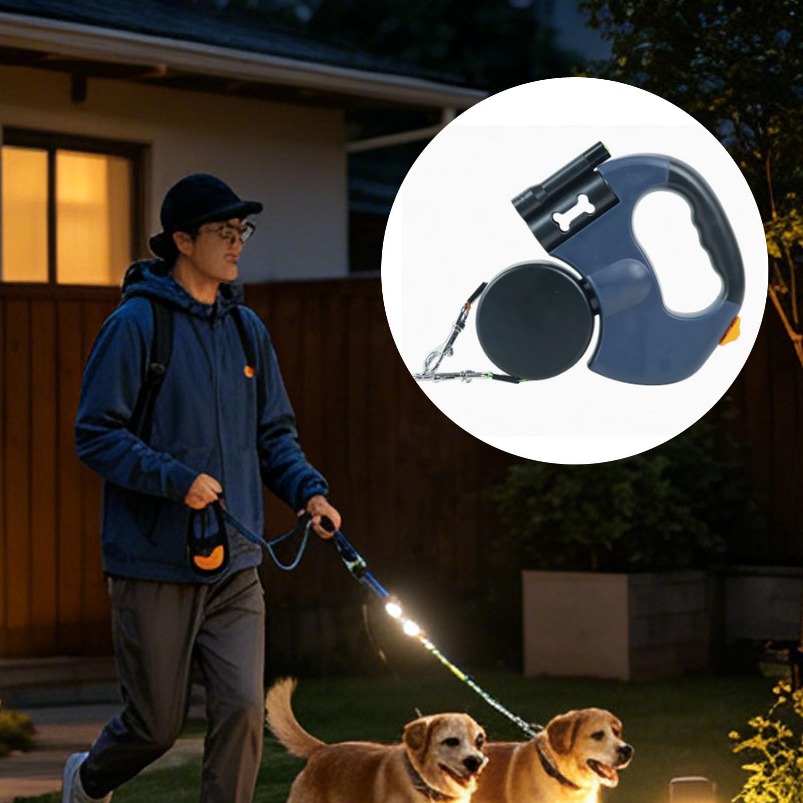 Generic Guinzaglio Doppio Retrattile per Animali Domestici, Luce LED Senza Torsione Regolabile per Due Cani Che Camminano (Versione a batteria blu)
