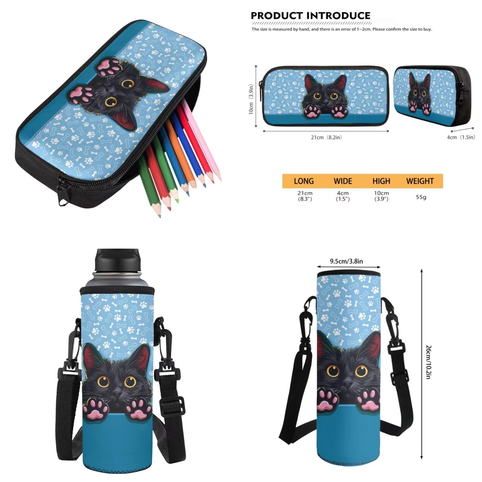 Xoenoiee Set di zaini per ragazzi e ragazze con gatti e libri scolastici con portapranzo, astuccio portaborraccia 4 in 1, set di zaini per la scuola, Zampe di osso di gatto nero