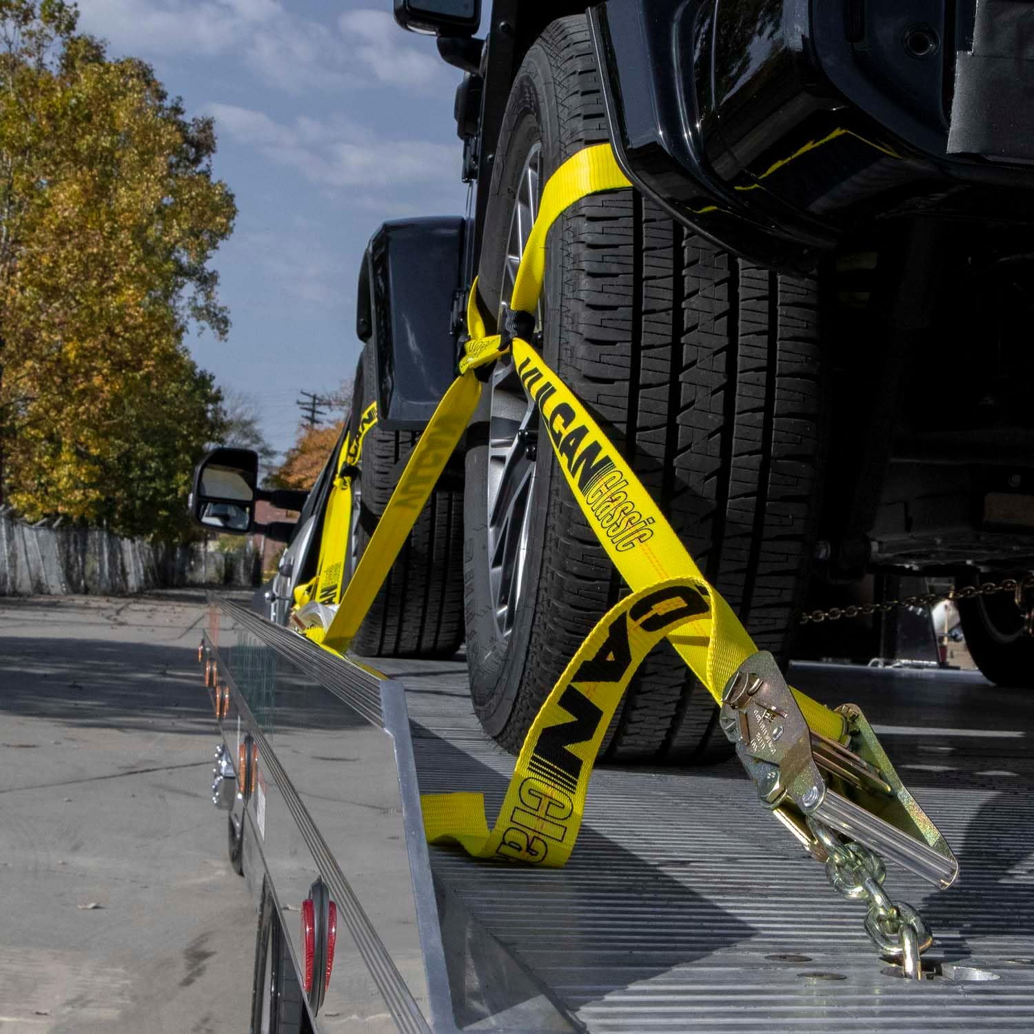 VULCAN 8-Point Roll Back Vehicle Tie Down Kit with Snap Hook on Strap Ends and Chain Tail on Ratchet Ends - Set of 4 - Classic Yellow - Image 2