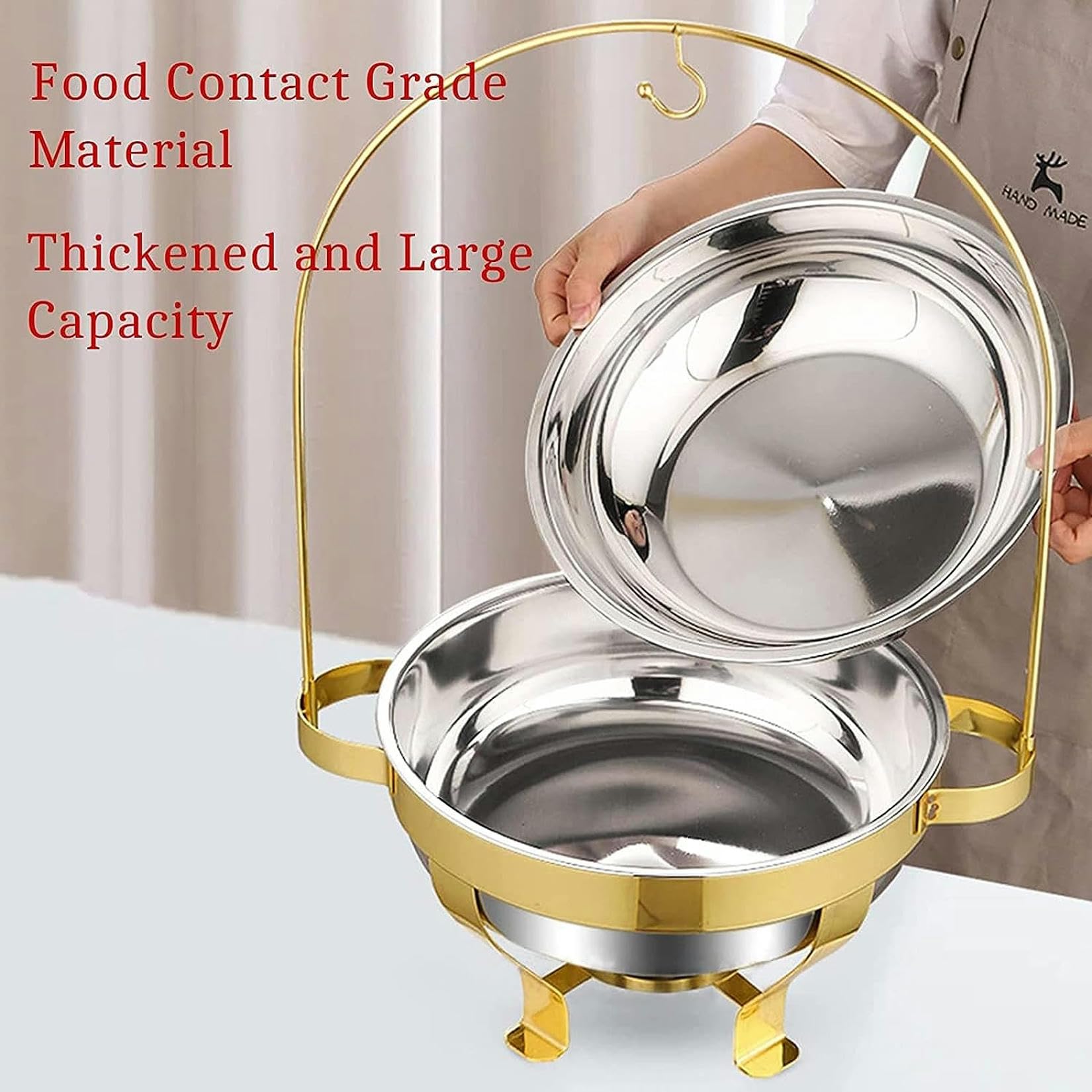 Chafing Dish in acciaio inossidabile dorato con gancio, set di contenitori riscaldanti per buffet di catering, include teglia per cibo, teglia per acqua, porta combustibile, per feste, matrimoni, ri