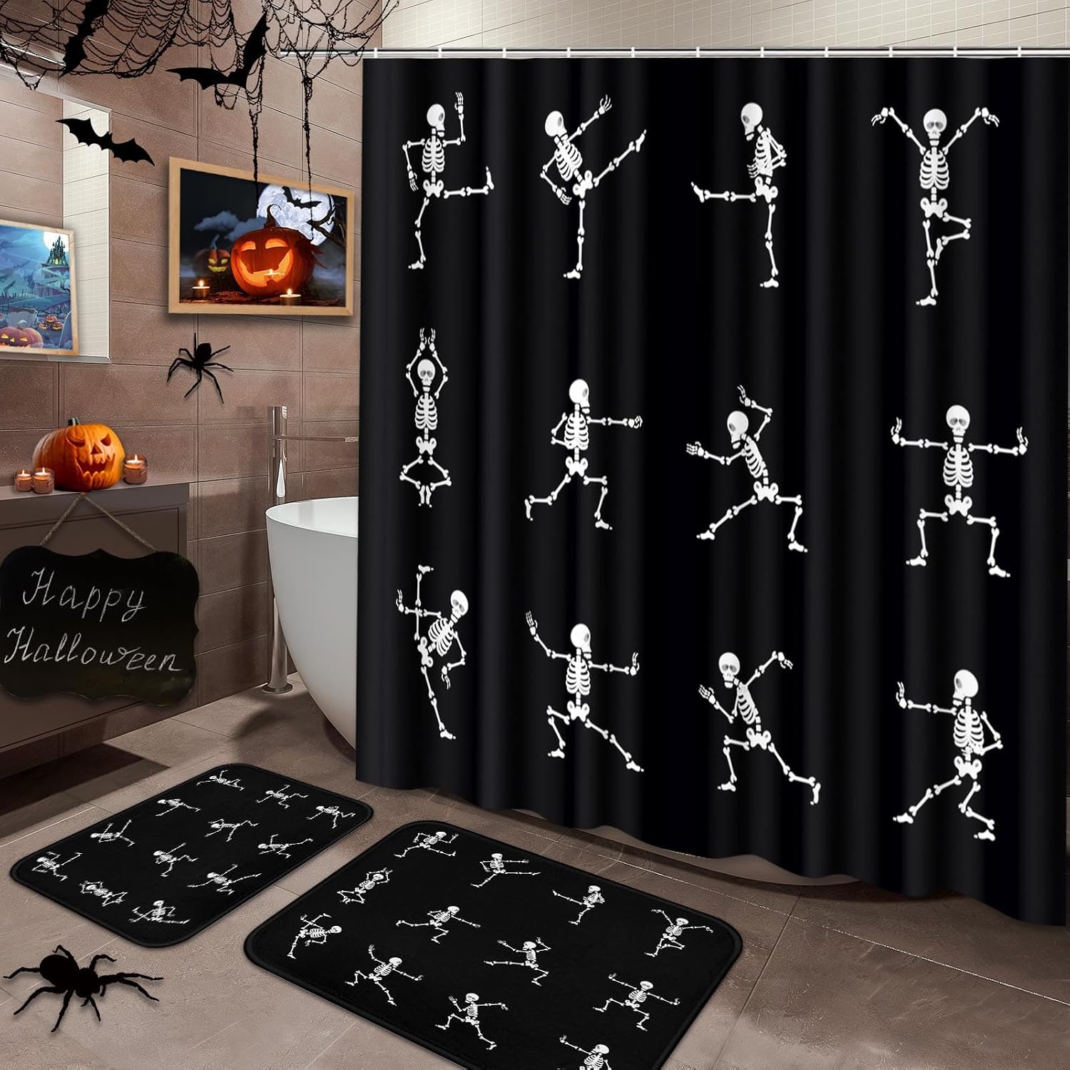 Arttown Bathroom Set, Shower Curtain and Bath Rugs, Skull Halloween