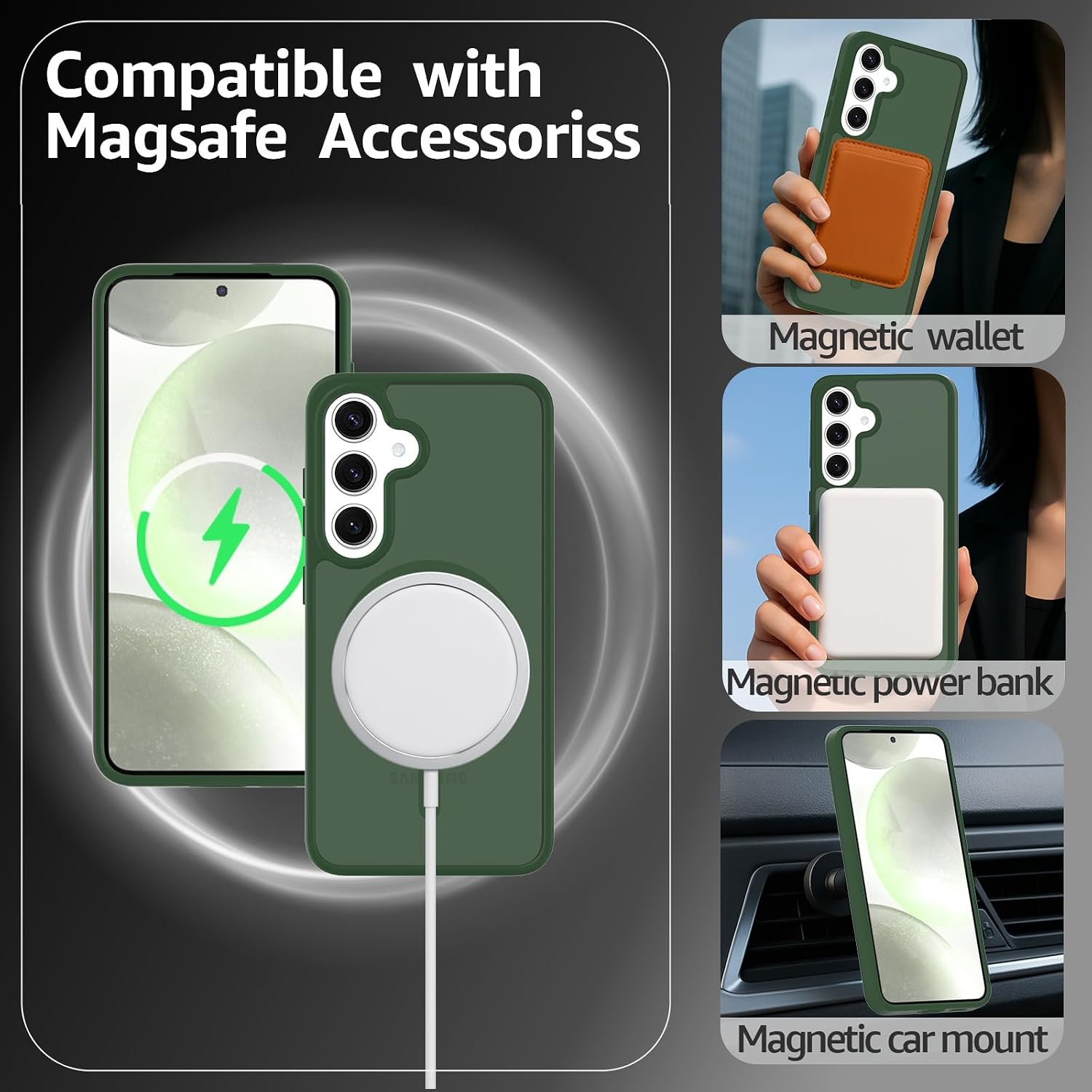 for Samsung Galaxy S24 Case Magnetic, Compatible with Magsafe 6.2 Inches Slim Fit Heavy Duty Protection Wireless Charging Lightweight Shockproof Anti-Slip Protective Phone Cover, Green