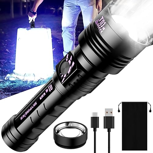 SKYFIRE Linternas recargables de alto lúmenes: linterna LED súper brillante 3000lm zoomable 5 modos táctico impermeable 2* 5000mAh potente luz de