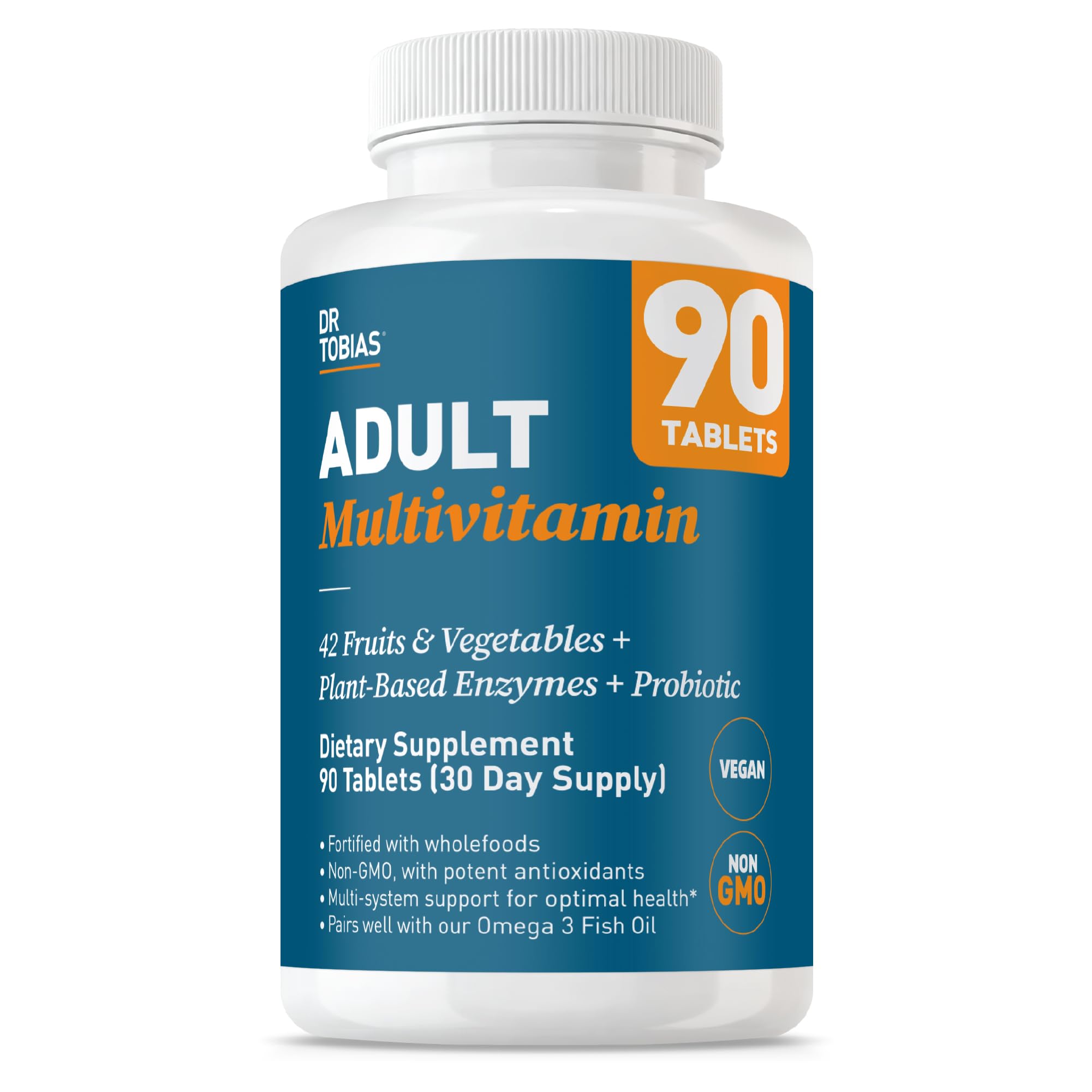 Dr. Tobias Adult Multivitamin for Women & Men, Immune Supporting Vitamins from 42 Fruits, Vegetables, Plus Probiotics, Vegan Multivitamins for Men & Women, Non-GMO, 90 Tablets, 30 Servings