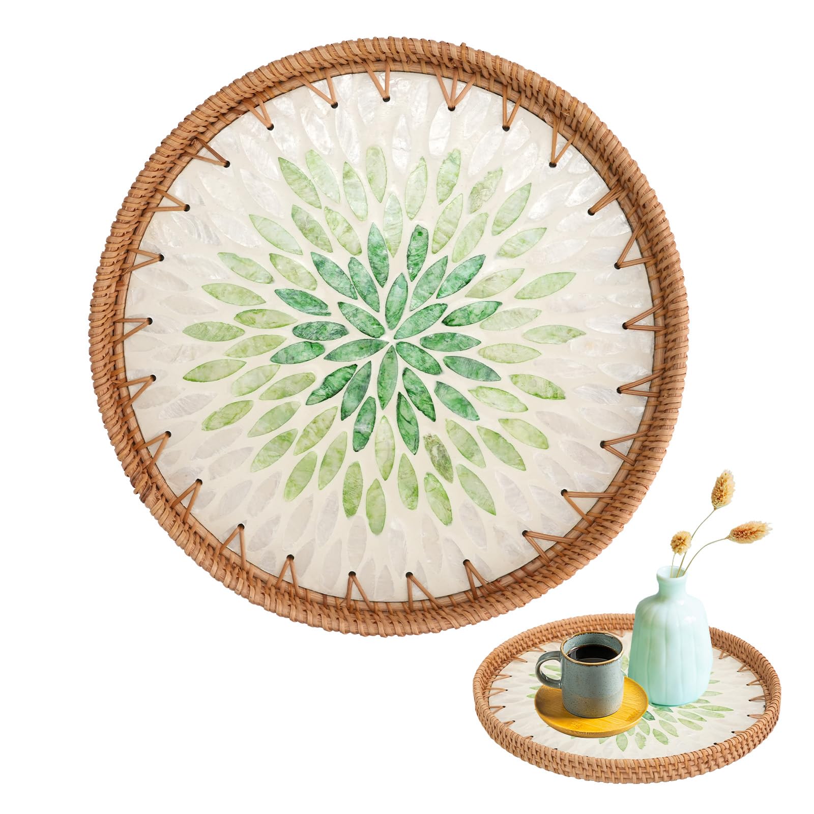 CRITIVE-S Rattan Coffee Table Tray, Decorative Baskets with Mother of Pearl