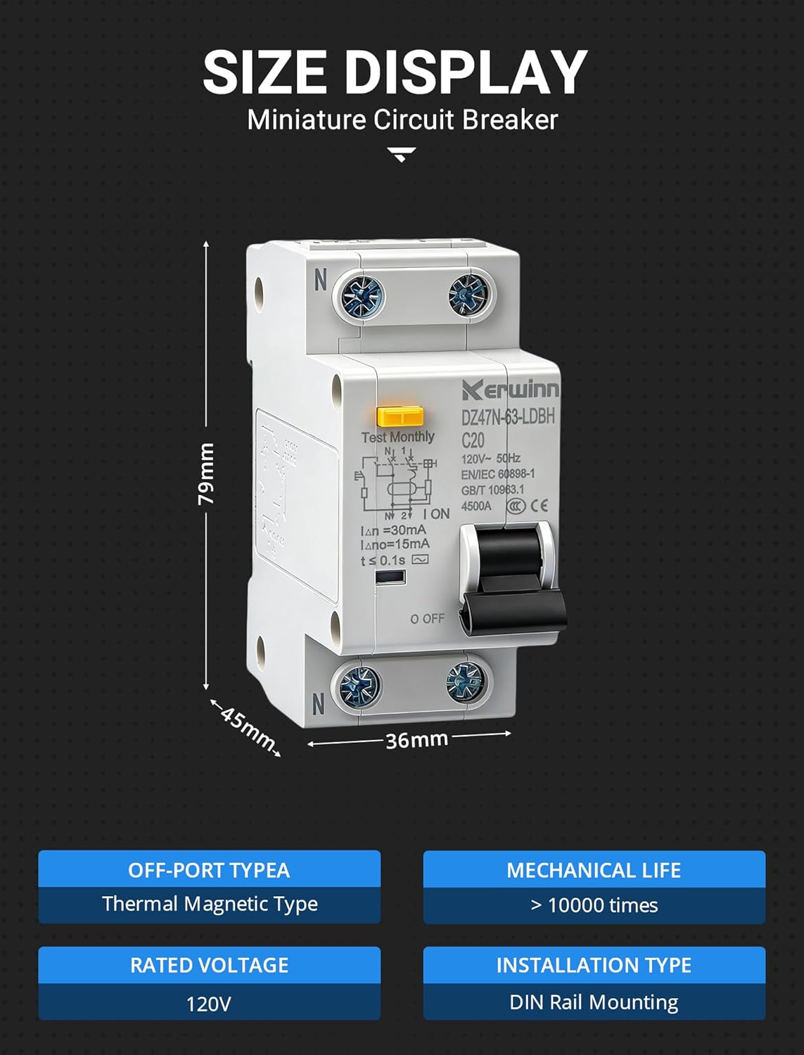 Leakage Protection Circuit Breaker,120V AC 20Amp Ground Fault Residual Current Circuit Breaker DIN Rail Mount for Solar ac System(20A) - Image 2