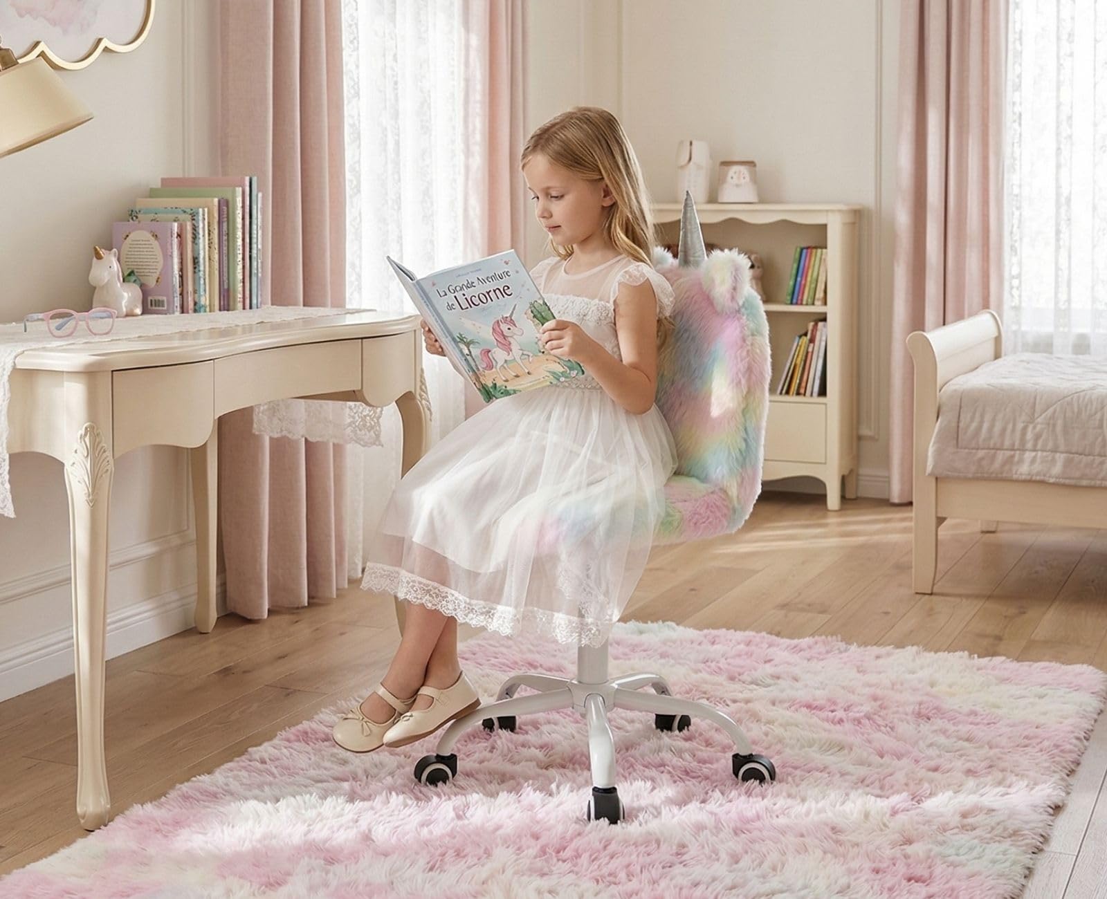 chairus Sedia da scrivania per bambini in morbida pelliccia sintetica regolabile in altezza sedia girevole per cameretta dei bambini (colorata)