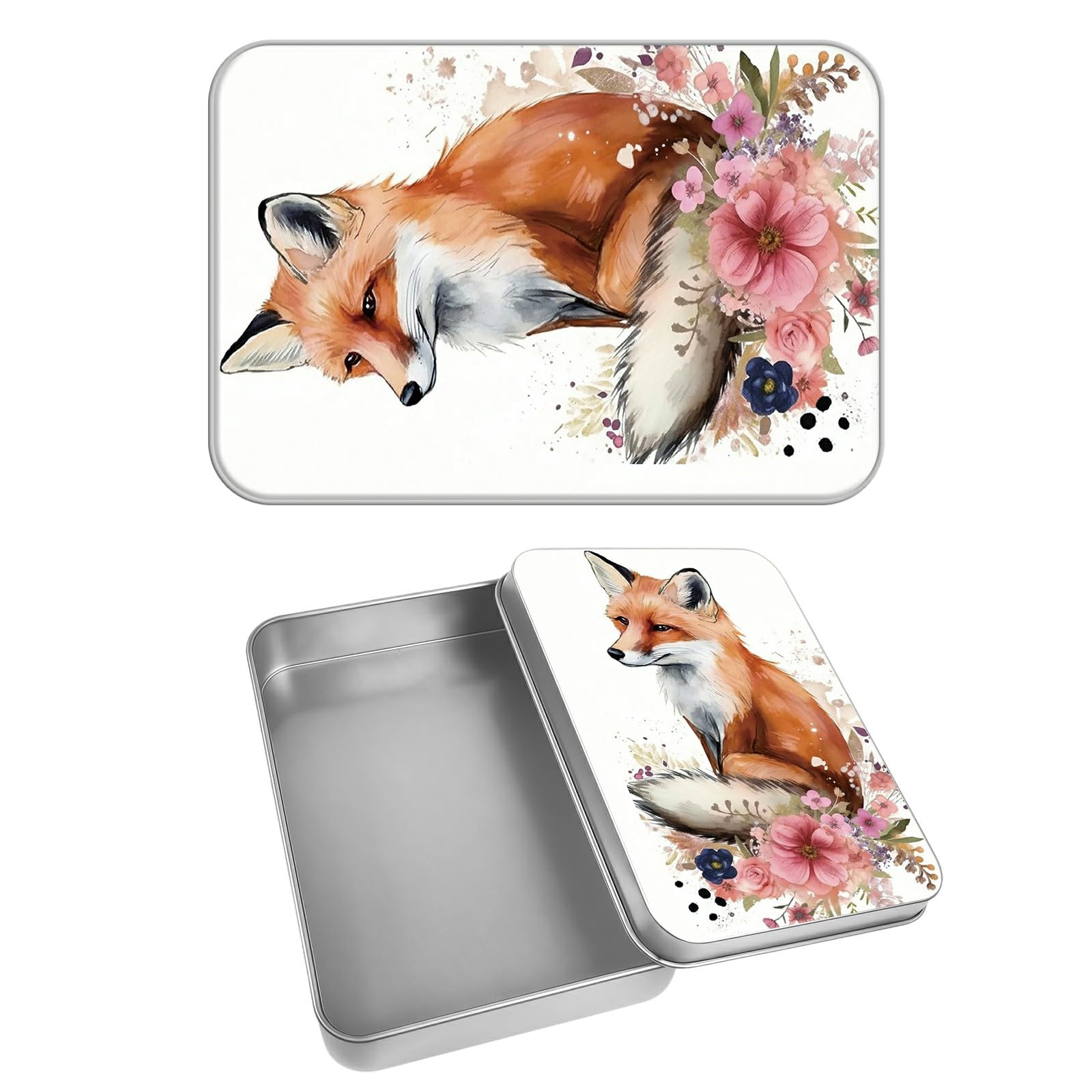 Rectangular Metal Tin Box with Removable Lid, Fox Florals Decorative Printed Metal Storage Container for Cash Ticket Credit Card Check 3.46 x 2.36 x 0.7 inch– Single Pack