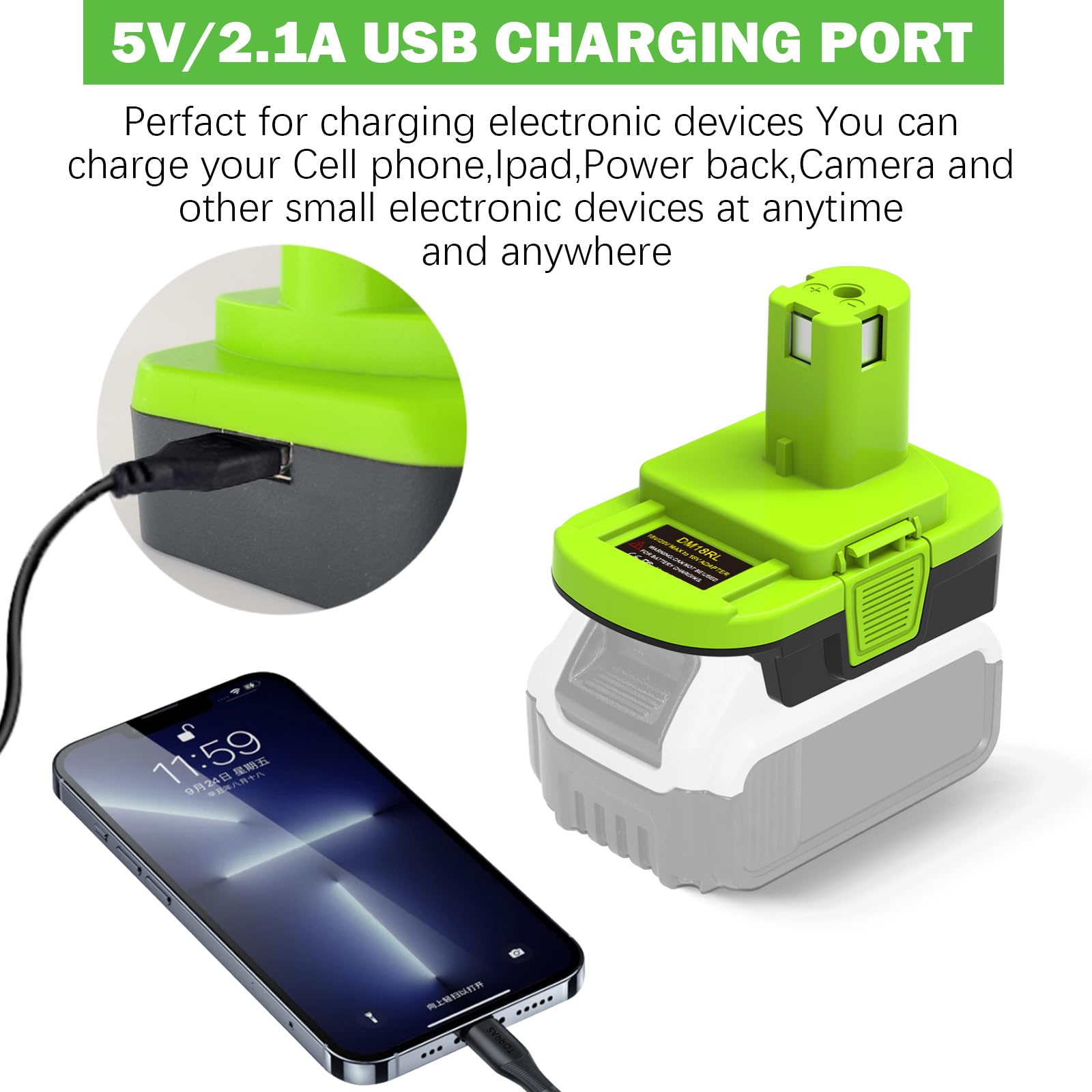 Adaptador DM18RL YNDZ para adaptador de batería DeWalt a Ryobi, conversión para batería de litio DeWalt de 20 V a batería Ryobi P107 P108 de 18 V con carga USB de 5 V 2.1 A máx