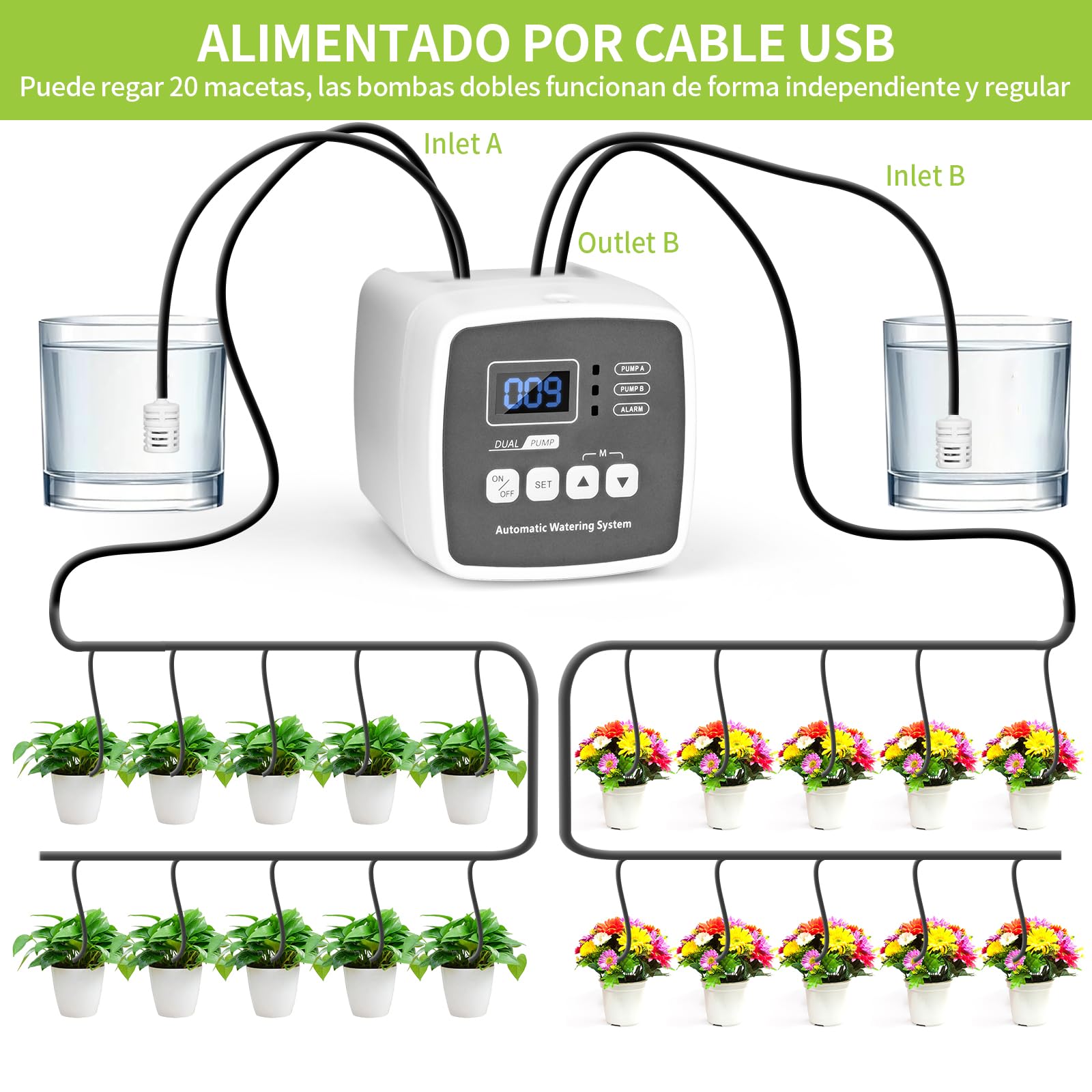 Sistema de Riego para Jardín,Riego por Goteo Automatico Kit con Doble Bomba de 15 m para Jardín/Plantas de Balcón/Plantas en Macetas al Aire Libre para Hasta 20 Plantas y Macetas de Interior