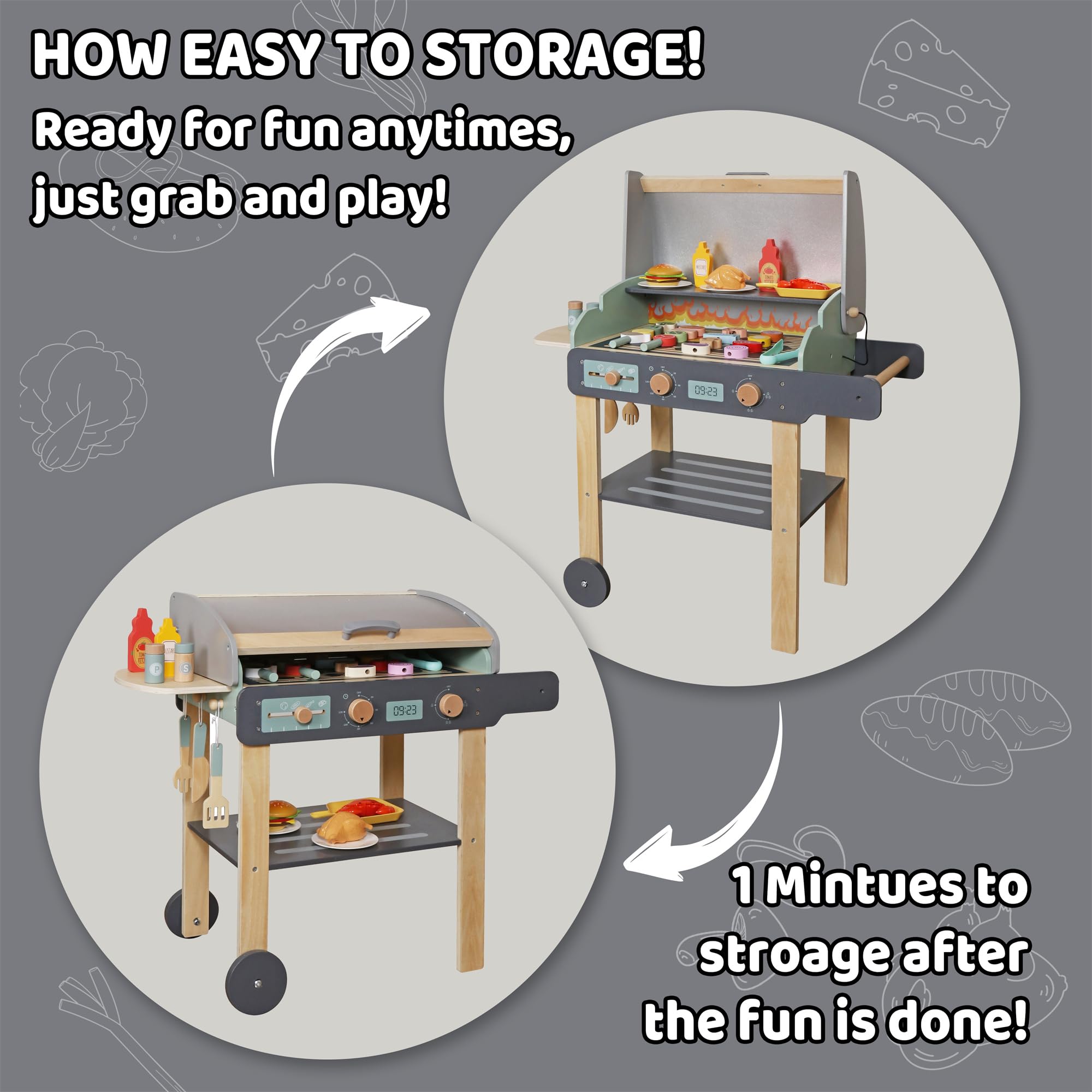 Wooden Play Barbecue Toy Grill, Kids BBQ Playset with Toy Food and Grilling Tools, Cooking Interactive Toys Christmas Birthday Gift for Toddlers Girls Boys 3-6