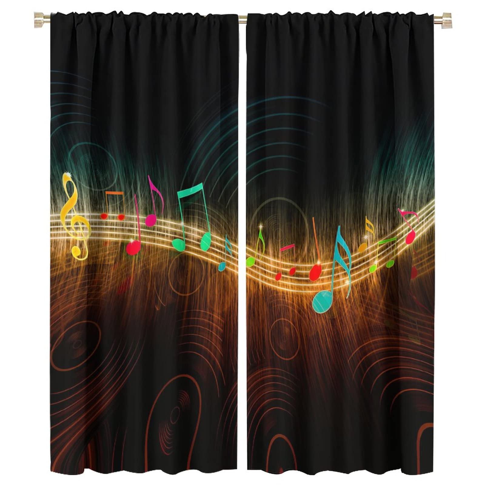Music Note Curtains,Colorful Musical Background Blackout Rod Pocket Window Drapes for Living Room Bedroom Home Decor W42xL54in