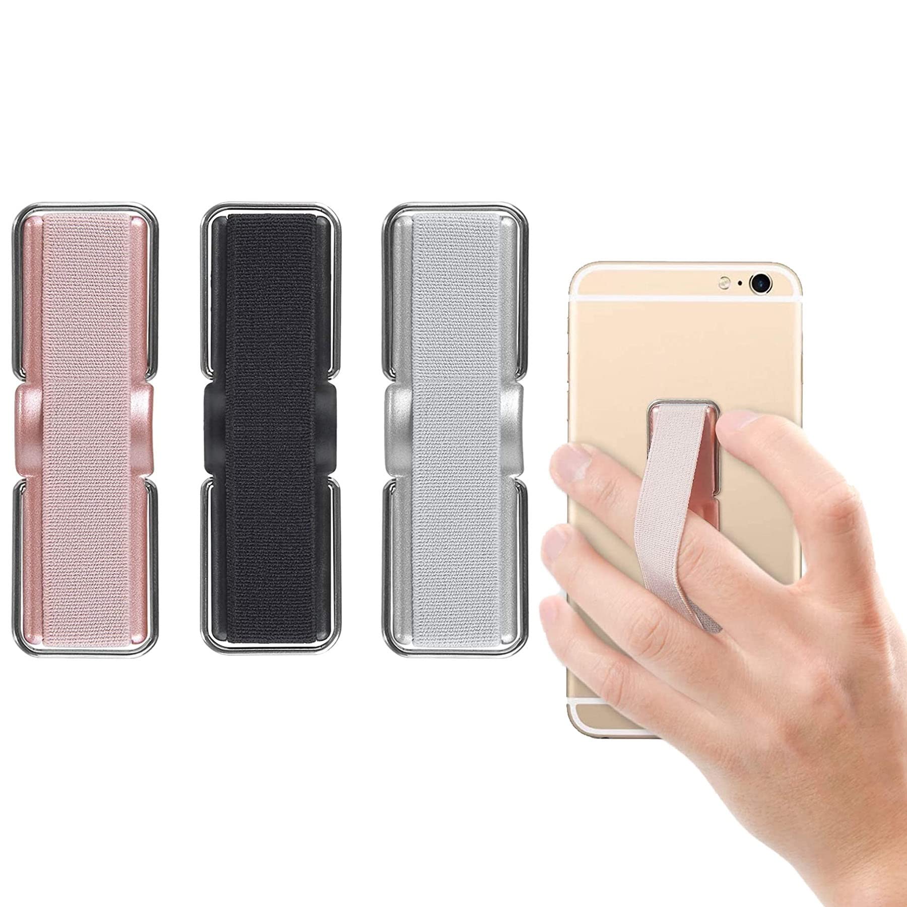 Sawanork 3 Pcs Phone Strap, Finger Strap Phone Finger Holer Back of Phone Grip with Stand Universal Elastic Finger Holder for Phone (Black Silver Rose Gold)