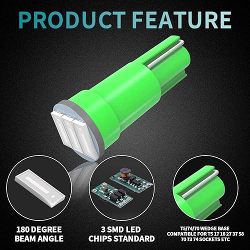 Miniatura 2 de Paquete de 10 bombillas LED T5, súper verde 74 73 2723 70 37 2721, cuña, enchufe giratorio PC74, luces de repuesto para salpicadero, panel de