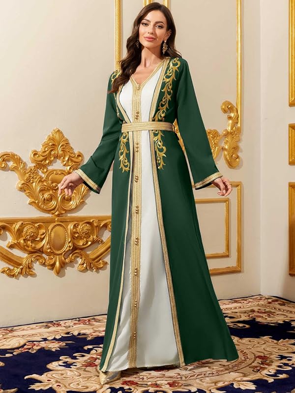 ABaoWedding Elegant Dark Green Muslim Robe, Gold Embroidered Trim, Long Sleeve Maxi Dress (Dark Green, S) by ABaoWedding - Image 4