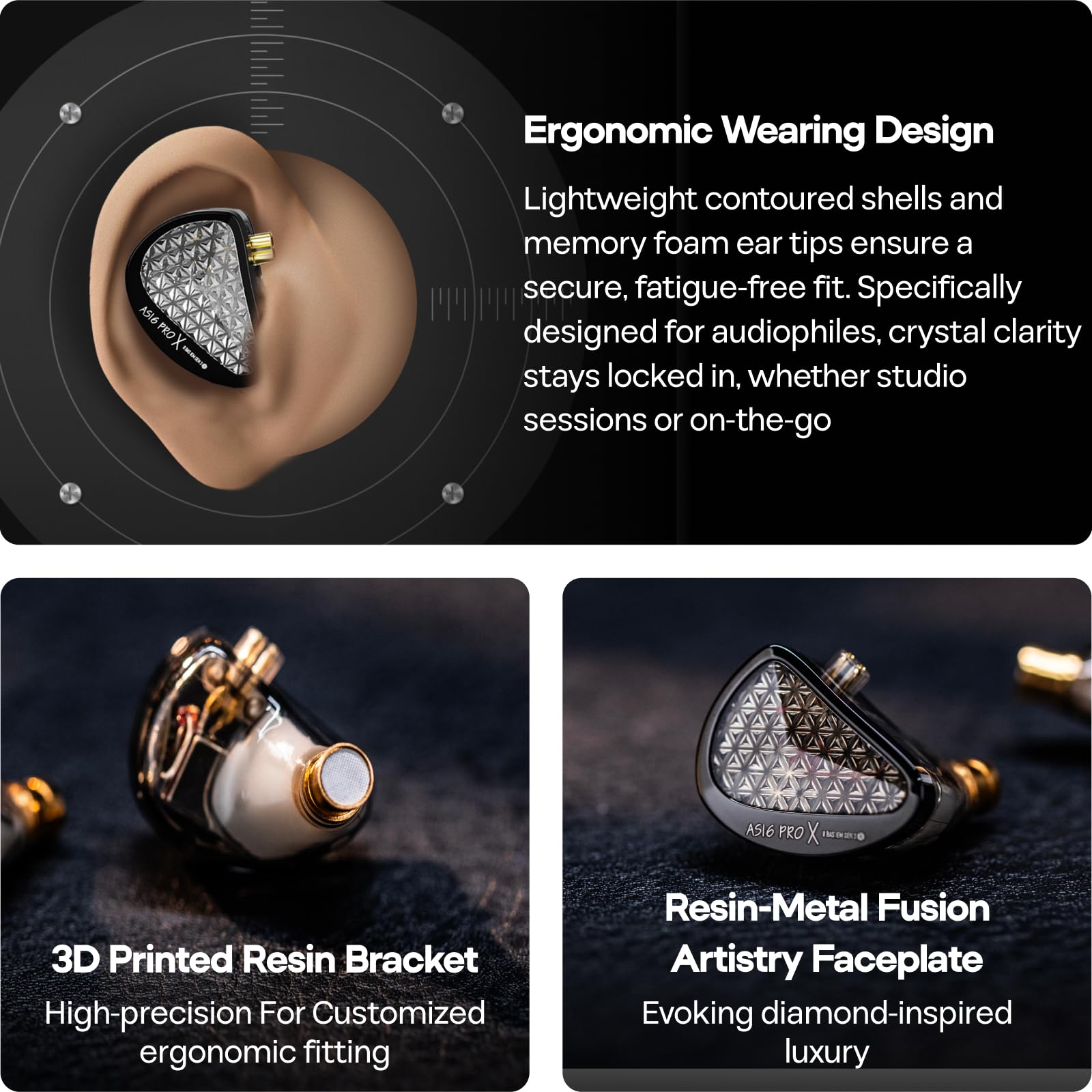 KZ AS16 PRO X w monitorze dousznym, przewodowe słuchawki douszne 16BA HiFi, profesjonalne słuchawki IEM z precyzyjną elektroniczną zwrotnicą, błyszcząca konstrukcja przypominająca diamenty