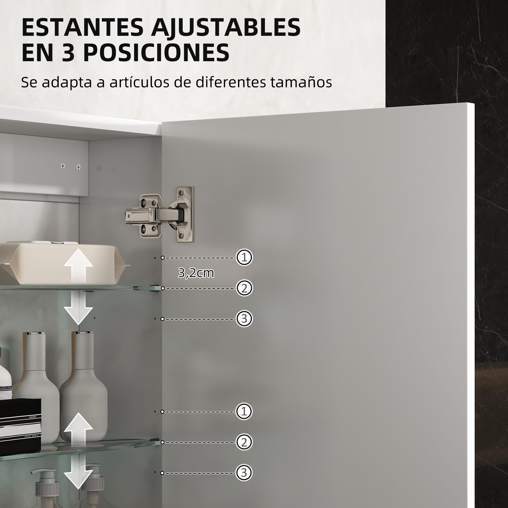 HOMCOM Armario de Baño Pared, Mueble de Baño Colgar con Estantes Ajustables de Vidrio Templado, Ahorro de Espacio, Armario Multiusos para Colgar para Entrada, 40x15x55 cm, Blanco Brillo