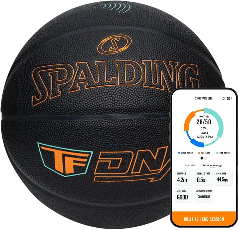 Spalding TF DNA Smart Basketball con aplicación de entrenamiento y suscripción de 1 año, baloncesto interior/exterior, seguimiento del rendimiento de tiro y métricas de entrenamiento