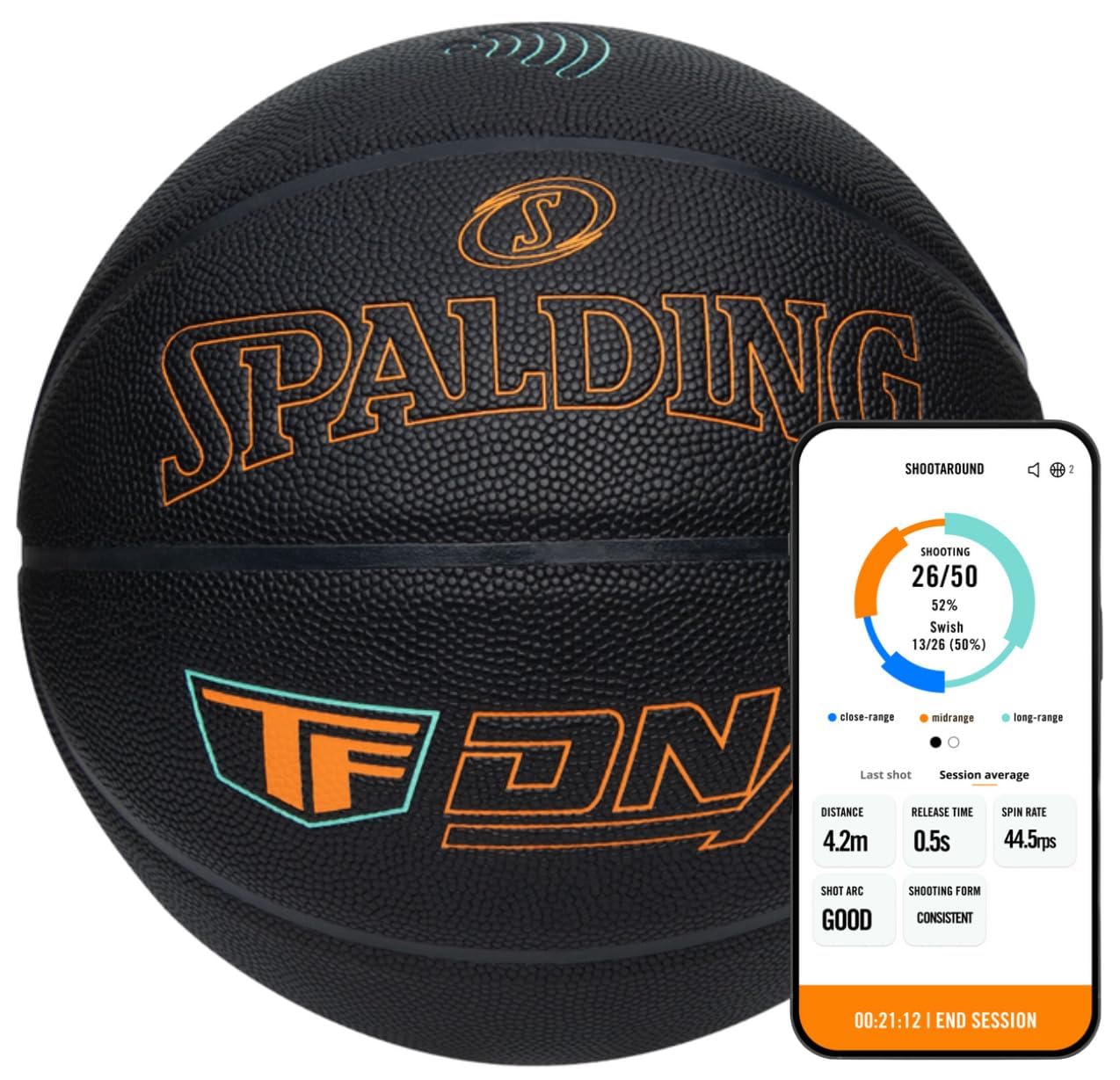 Spalding TF DNA Smart Basketball + 1 Yr App Subscription Bundle I iOS and Android Compatible I All Surface Material