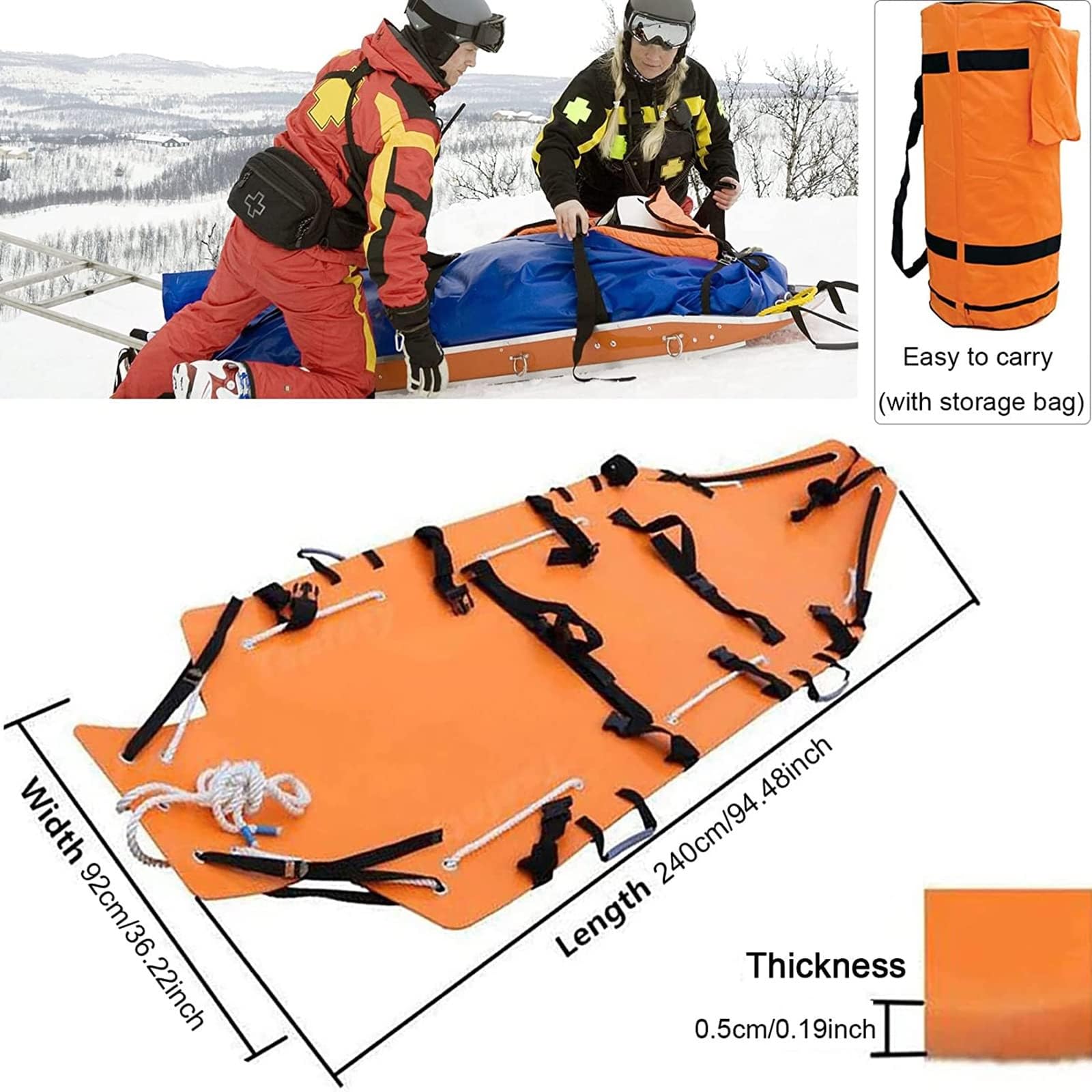Nosze przenośne, wielofunkcyjne nosze ratownicze, nosze medyczne do noszy medycznych, nosze medyczne do ratownictwa pożarowego, nośność: 160 kg/353 funty, Orange