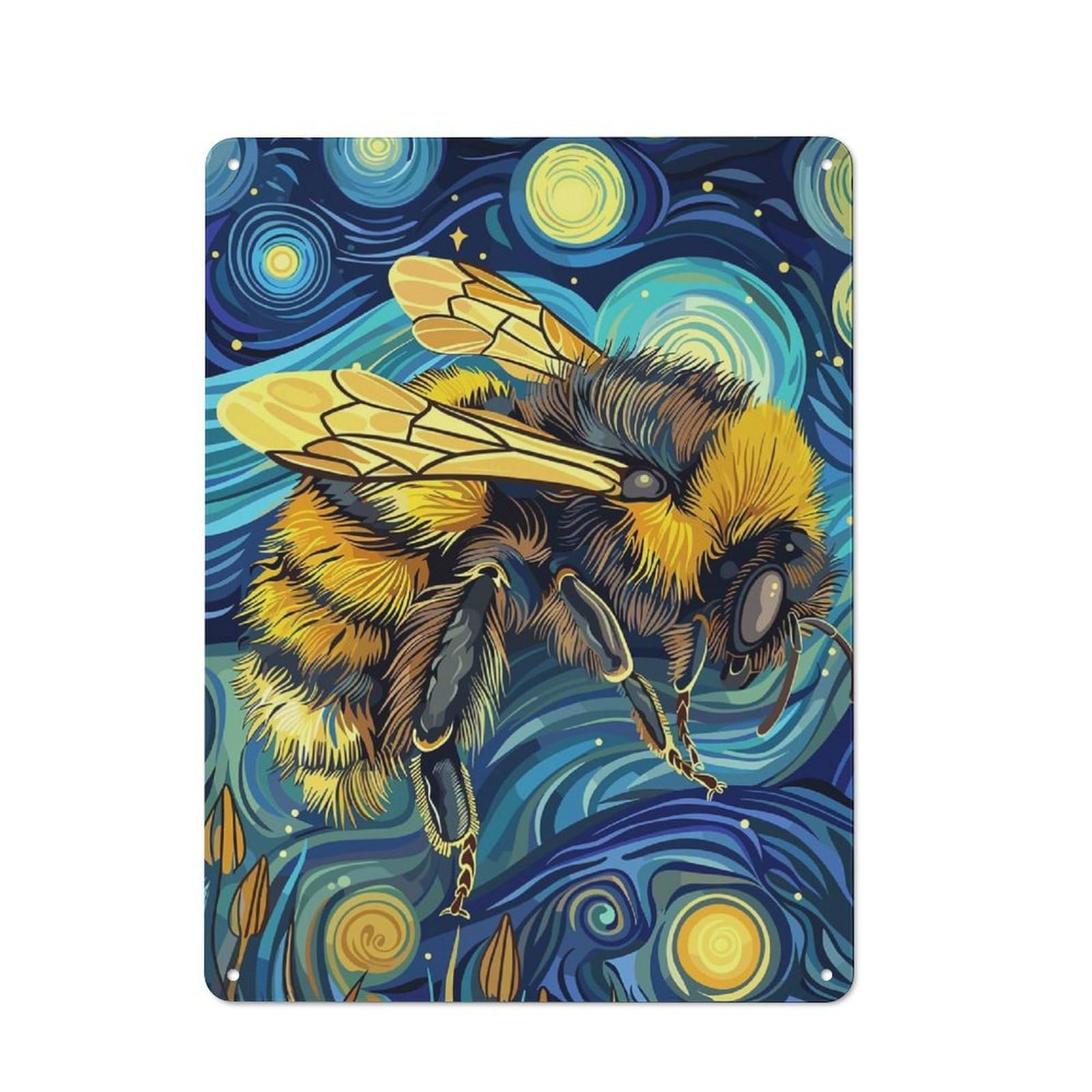 Junmoney Bee In Starry Night Style For Café Or Restaurant, Vintage Metal Sign 40X30cm, For Vintage Wall Decor Fans, For Cafés, Pubs And Restaurants