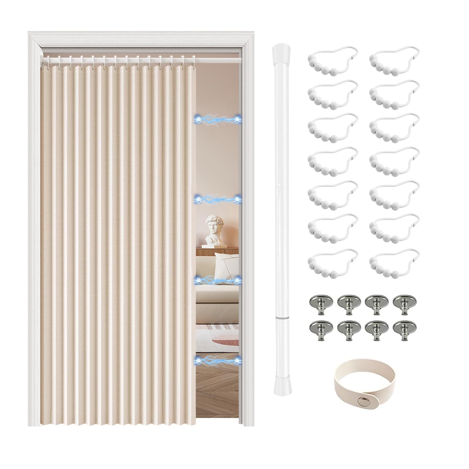 Rideau Occultant avec Barre sans Perçage,Rideau Separation de Piece avec Bouton Magnétique Thermiques Isolants Anti Froid et Chaleur,Rideau de Porte Opaque,200cm de Haut pour Salon,Cuisine,Vestiaire