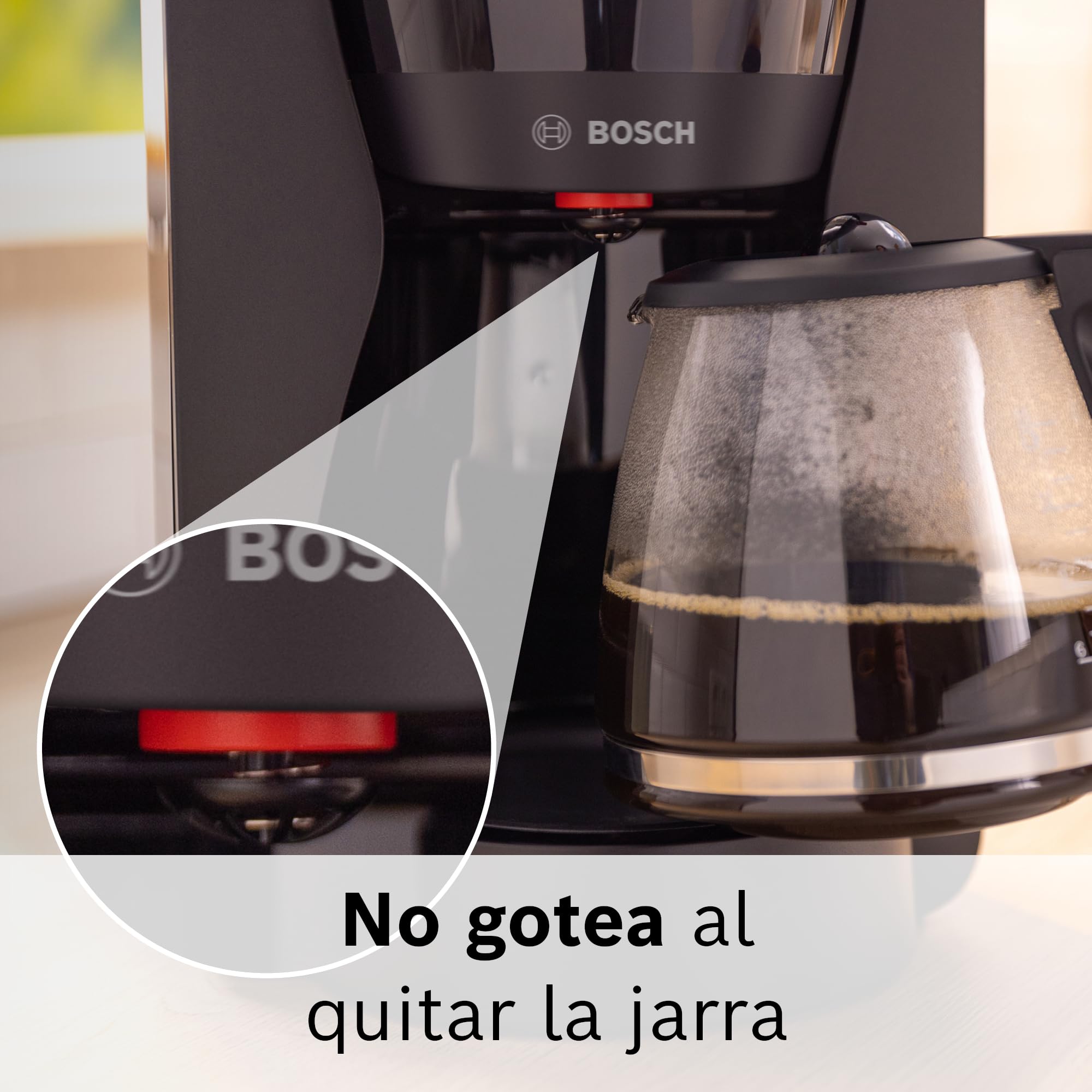 Bosch - Cafetera de Goteo, Jarra de Cristal Ergonómica, Depósito de Agua Extraible, Filtro Extraible, Apagado Automático, Anti Goteo, Negro, TKA2M113