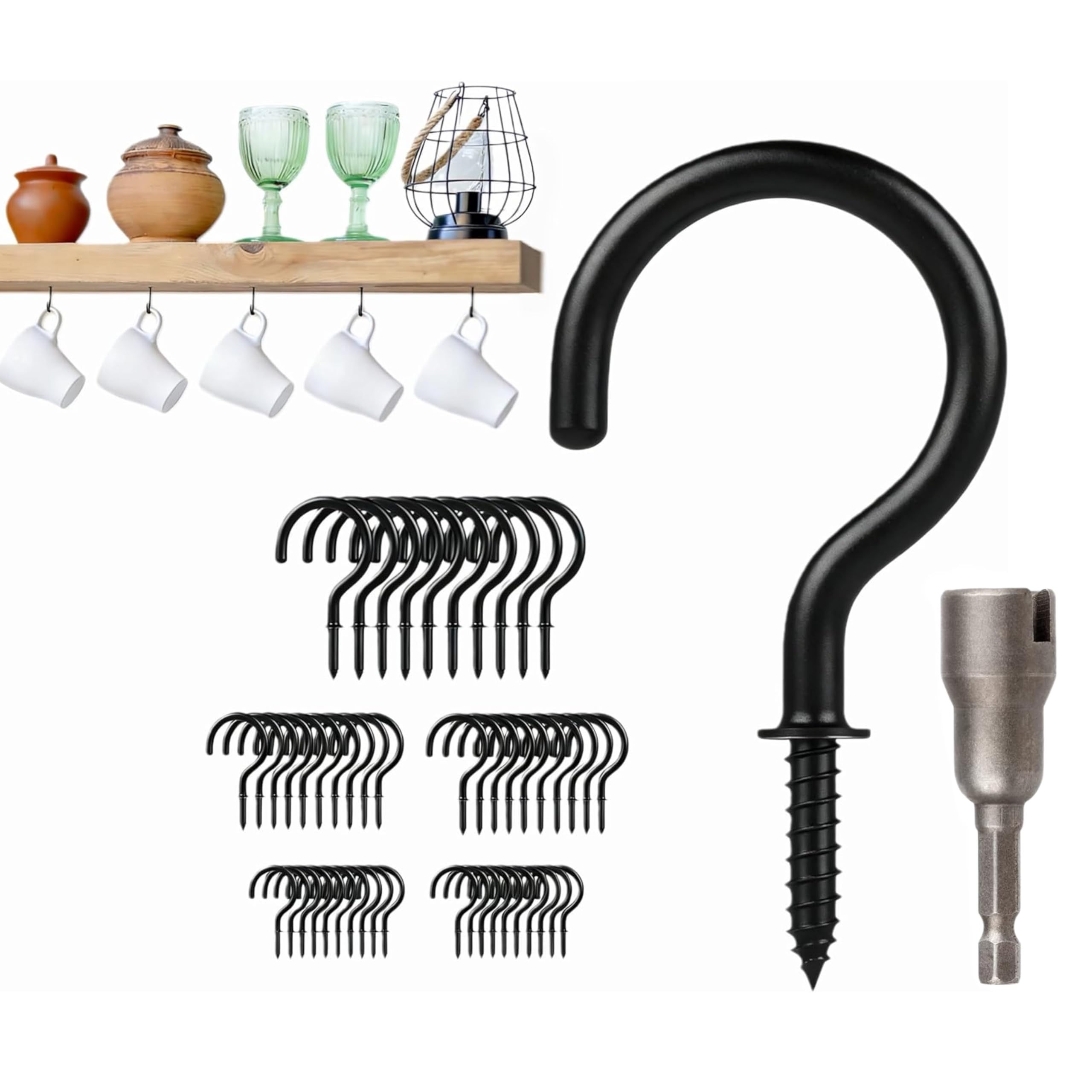 50 Cup Hooks, 1-1/4 Inch Black Screw-In Hooks with Installation Tool