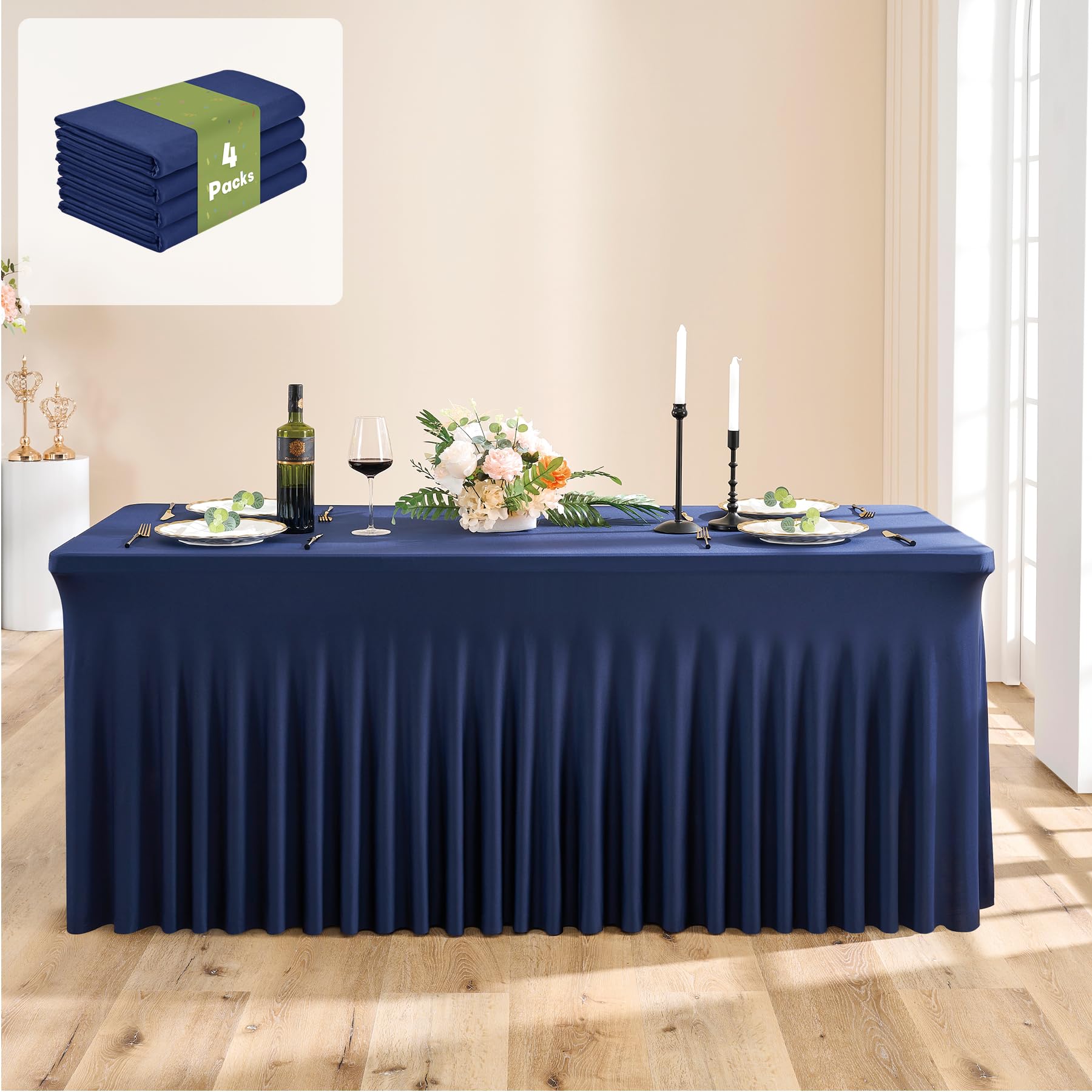 leegleri 4 Pack Navy Blue Spandex Table Clothes for 6 Foot Rectangle Tables, Wrinkle Free Fitted Table Cover 6ft Stretch Tablecloths with Skirt for