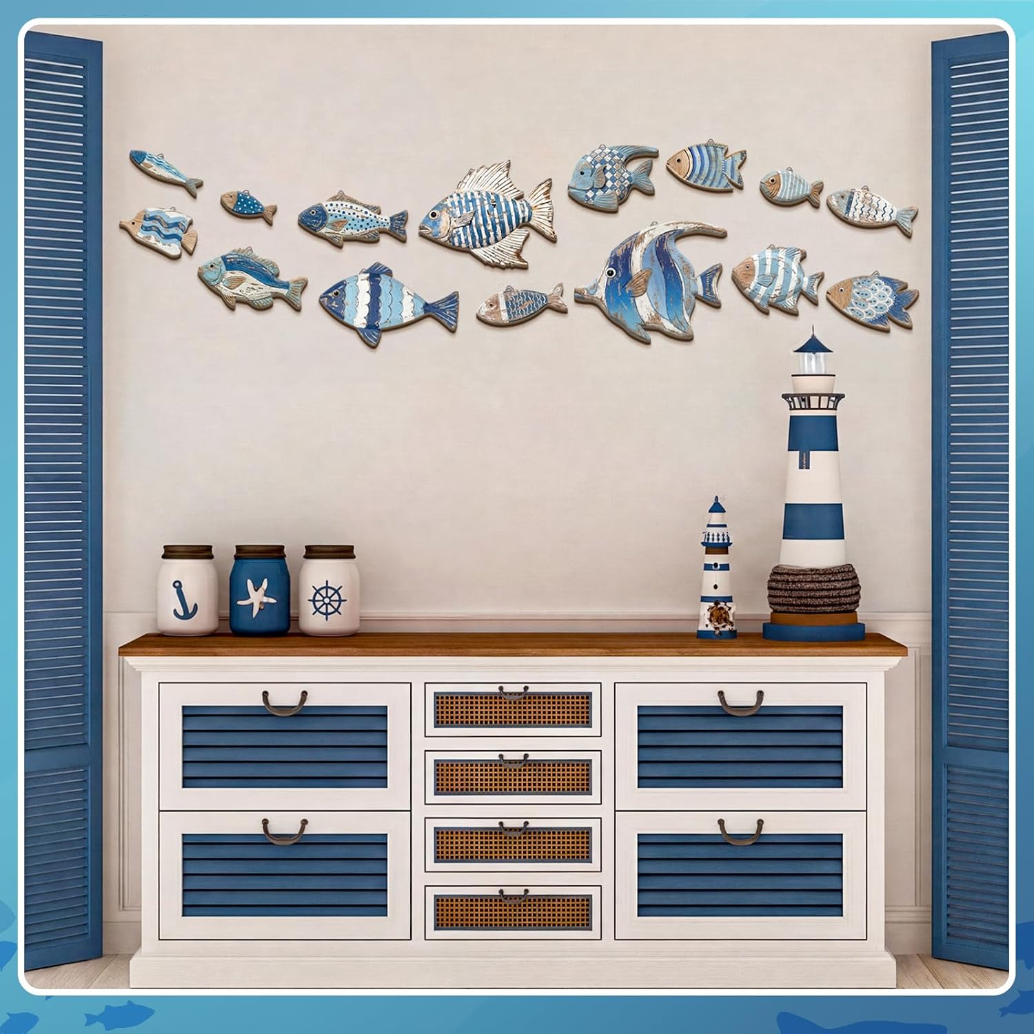 spiareal 15 pcs wood fish nautical wall decor wooden school of fish wall art rustic hanging beach decor ocean coastal theme vintage ornaments for summer home lake house bathroom bedroom(charming)