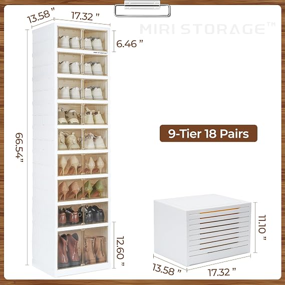 9-Tier 18 Pairs Foldable Shoe Rack,Plastic, Magnetic Doors, White | Easy Assembly,Closet & Entryway,Bottom Wheels,Clear Doors,Fits Boots,Collapsible Shoe Cabinet