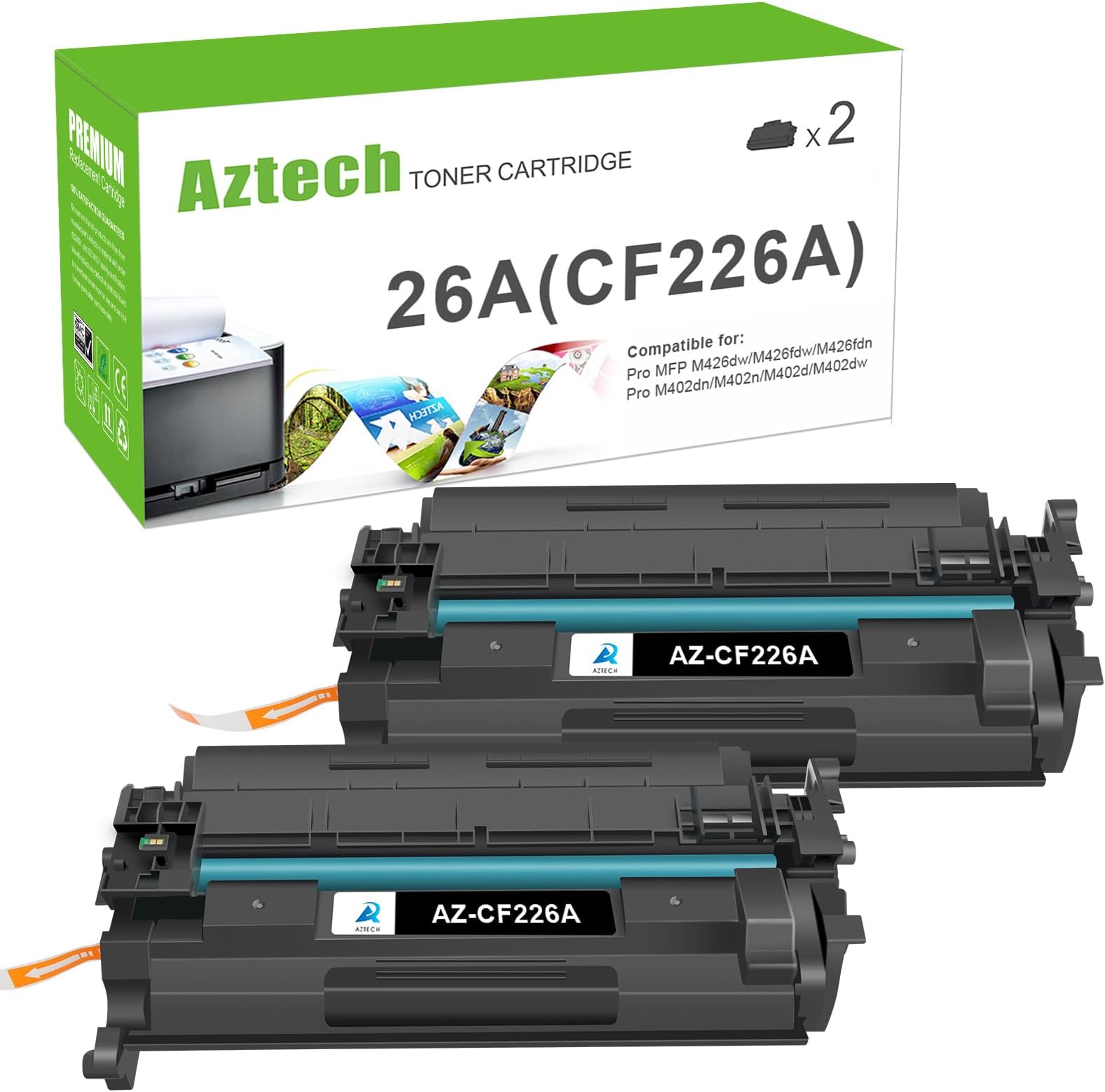 Aztech 26A CF226A Toner Cartridge 2 Pack Compatible Replacement for HP 26A CF226A 26X CF226X Pro M402dn M402n M402dw Pro MFP M426fdw M426fdn M426dw Series Printer Ink High Yield (Black 2-Pack)