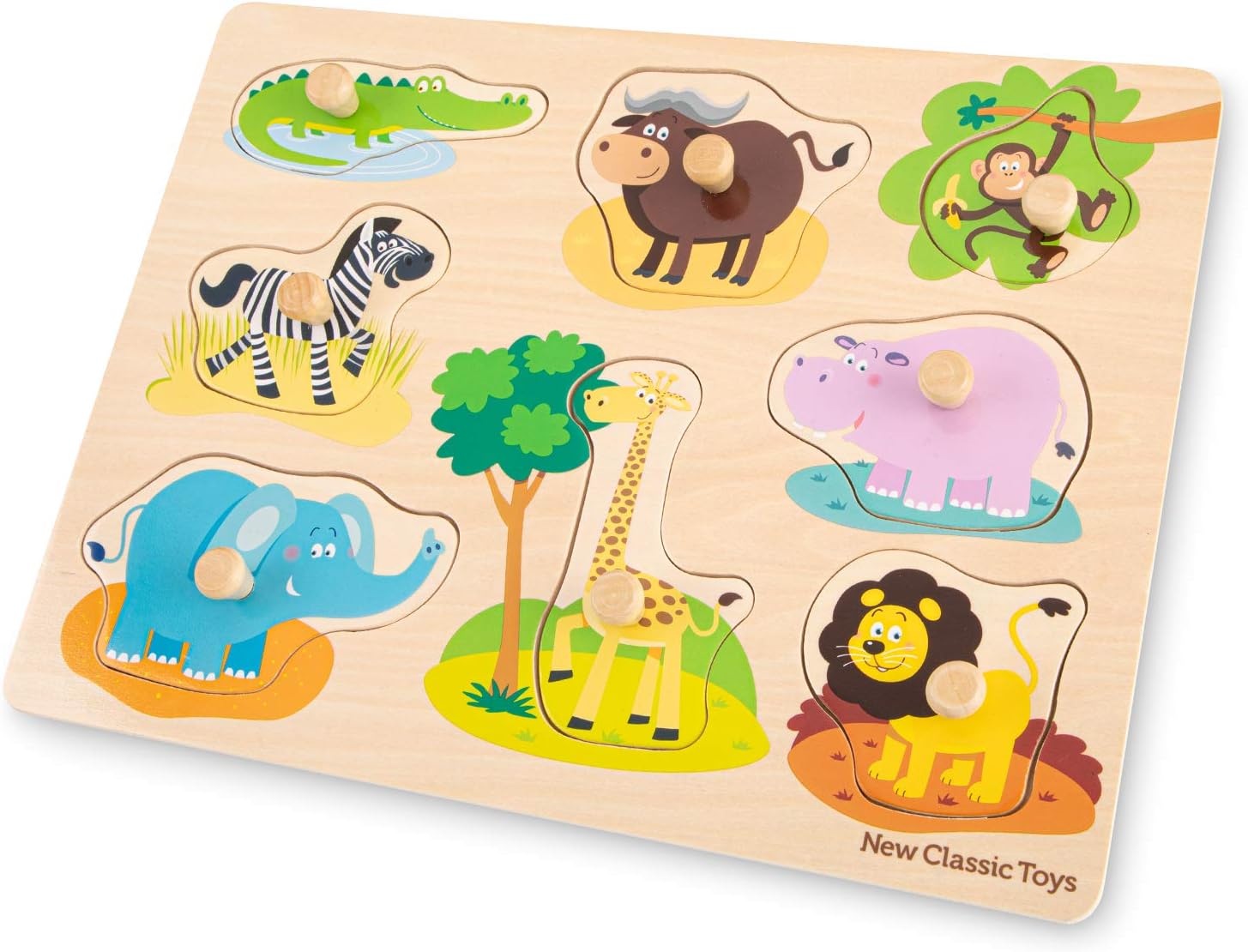 New Classic ToysPeg Puzzle - 8 Pieces - Safari - Wooden Educational Puzzle - Includes Crocodile, Cape Buffalo, Monkey, Zebra, Giraffe, Hippo, Elephant, and Lion