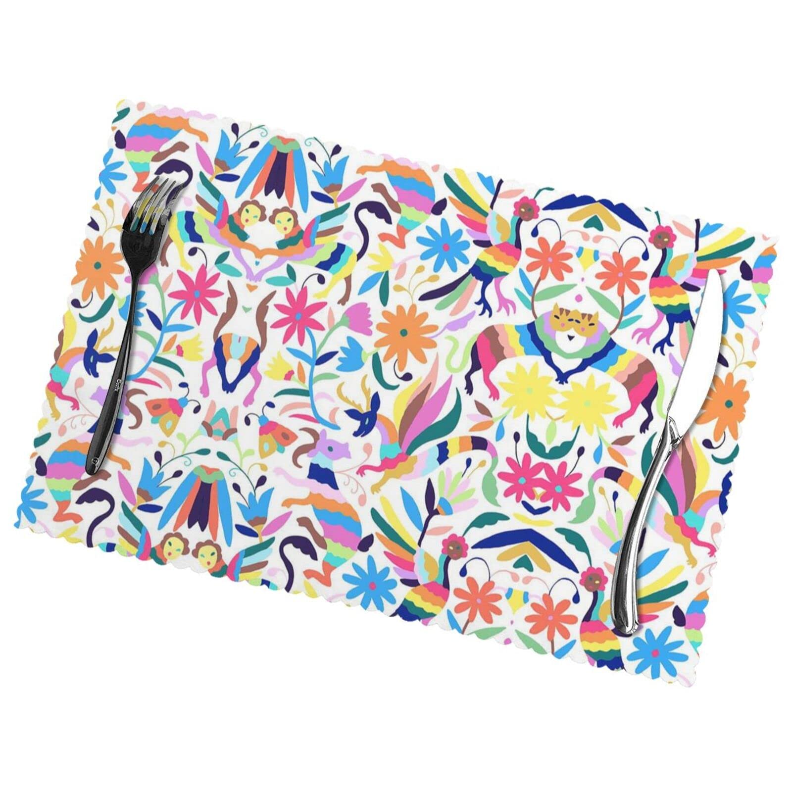 Esasam Mexican Otomi Animals Anti-Oil And Heat-Resistant Placemat 12X18in (Set Of 6) - Premium Full-Size Single-Sided Printed Dining Mats